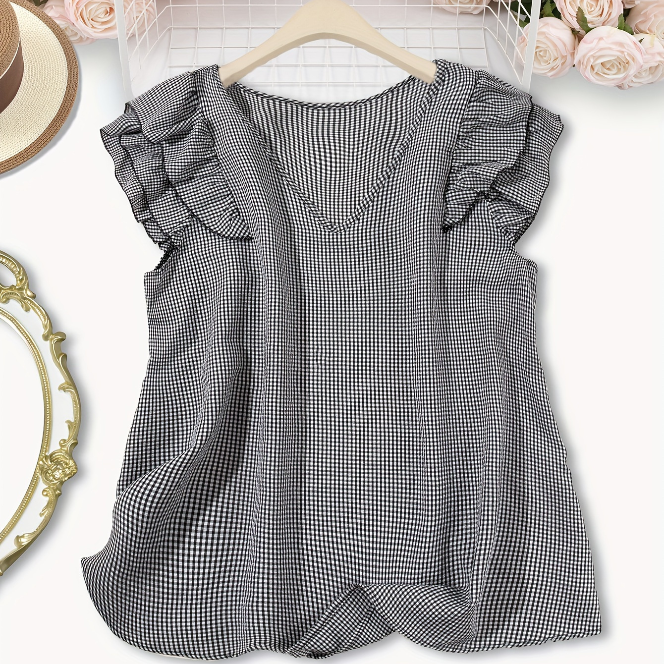 Plus Size Plaid Print Blouse, Elegant V Neck Ruffle Sleeve Blouse For Spring, Women's Plus Size clothing
Plus Size Plaid Print Blouse, Elegant V Neck Ruffle Sleeve Blouse For Spring, Women's Plus Size clothing