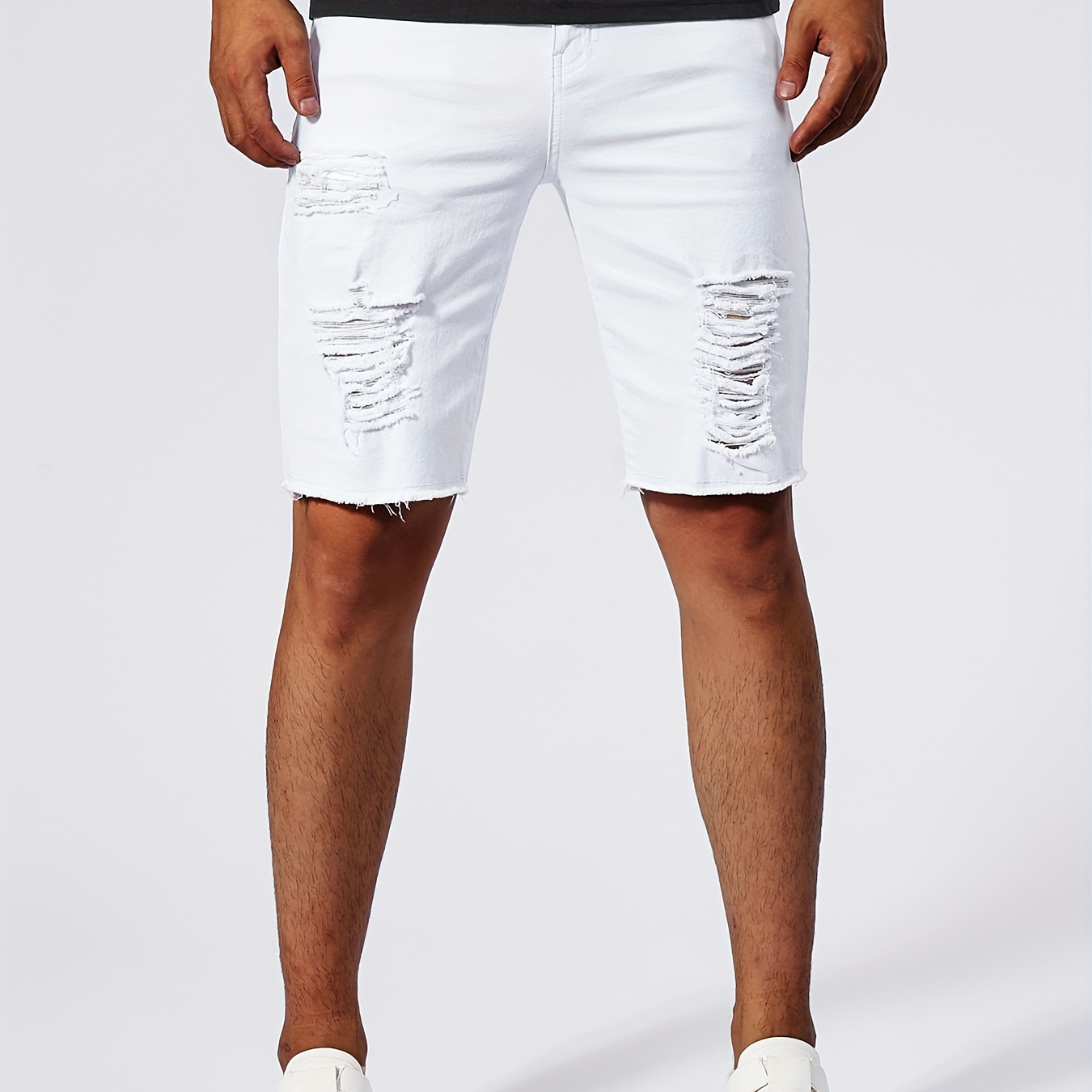 Men's Solid Ripped Denim Shorts With Pockets, Casual Skinny Cotton Jorts For Summer Outdoor Activities
Men's Solid Ripped Denim Shorts With Pockets, Casual Skinny Cotton Jorts For Summer Outdoor Activities