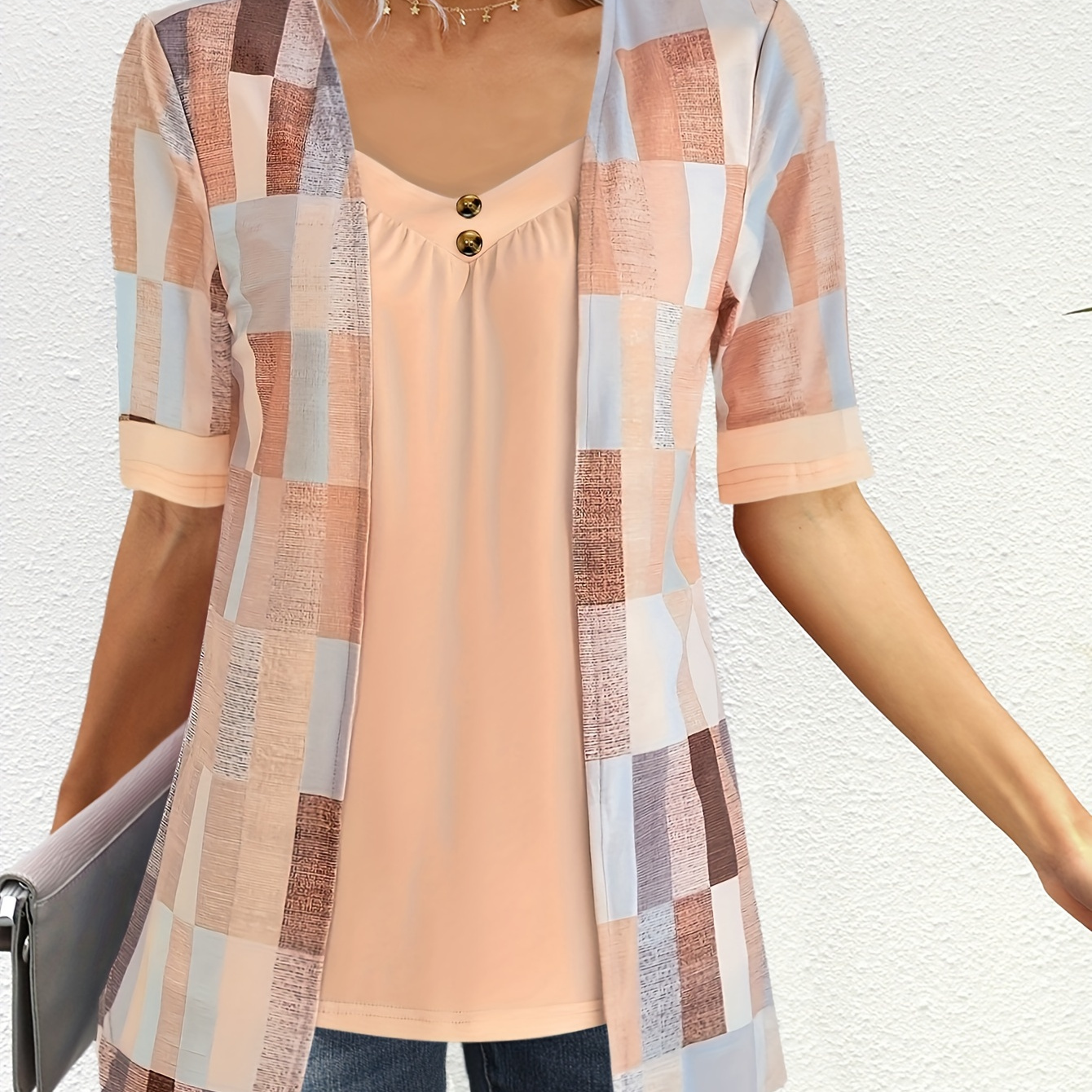Plus Size Plaid Print 2 In 1 T-shirt, Casual Short Sleeve Button Front T-shirt For Spring & Summer, Women's Plus Size Clothing
Plus Size Plaid Print 2 In 1 T-shirt, Casual Short Sleeve Button Front T-shirt For Spring & Summer, Women's Plus Size Clothing