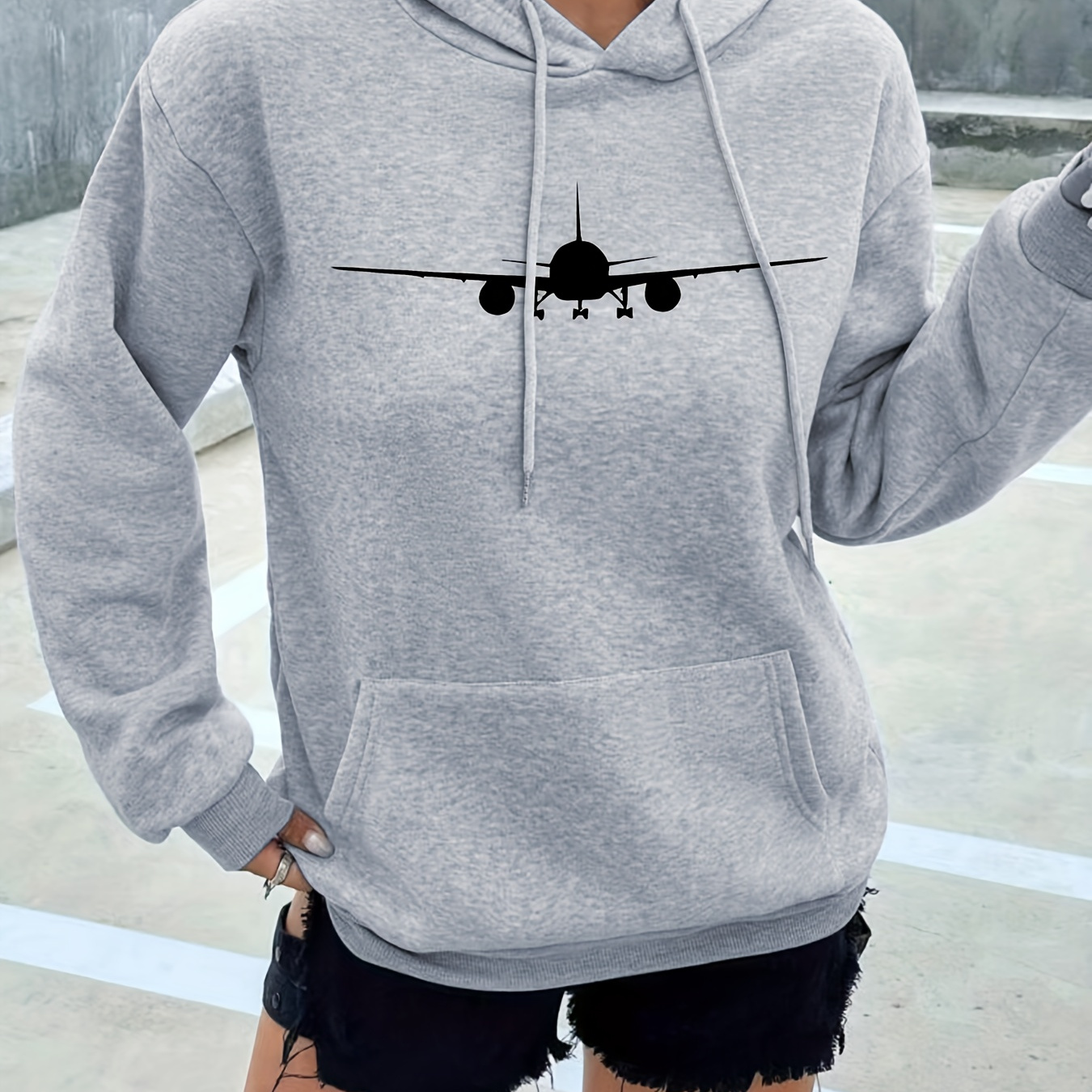 Airplane Pattern Drawstring Hoodies, Long Sleeves Fleece Liner Front Pockets Hooded Sweatshirts, Women's Activewear
Airplane Pattern Drawstring Hoodies, Long Sleeves Fleece Liner Front Pockets Hooded Sweatshirts, Women's Activewear