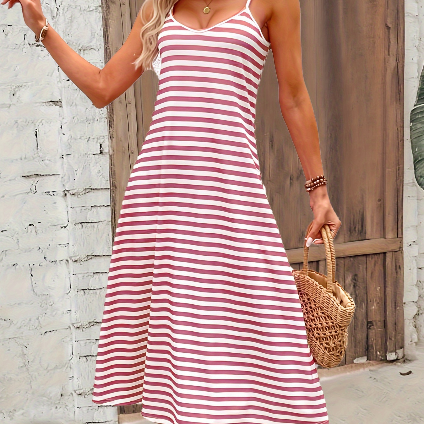 Striped Print V Neck Cami Dress, Casual Sleeveless Maxi Dress For Summer, Women's Clothing
Striped Print V Neck Cami Dress, Casual Sleeveless Maxi Dress For Summer, Women's Clothing