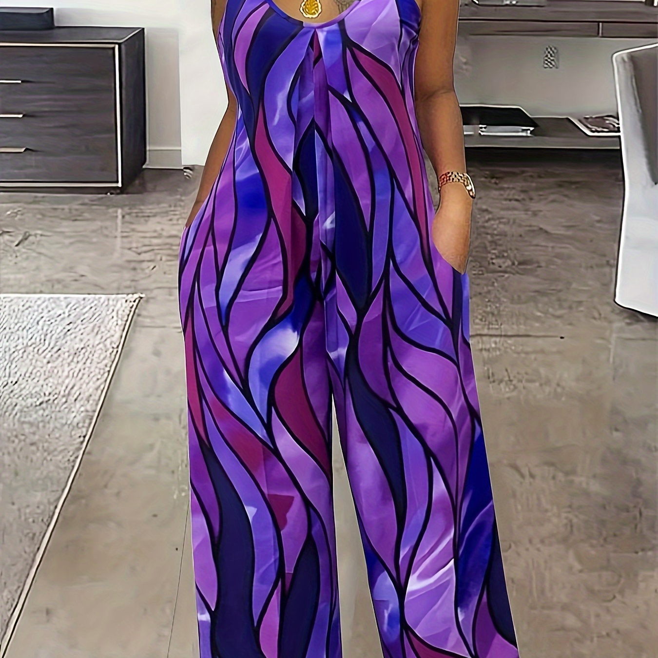 Plus Size Allover Print Jumpsuit, Casual Sleeveless Jumpsuit With Pockets, Women's Plus Size Clothing
Plus Size Allover Print Jumpsuit, Casual Sleeveless Jumpsuit With Pockets, Women's Plus Size Clothing