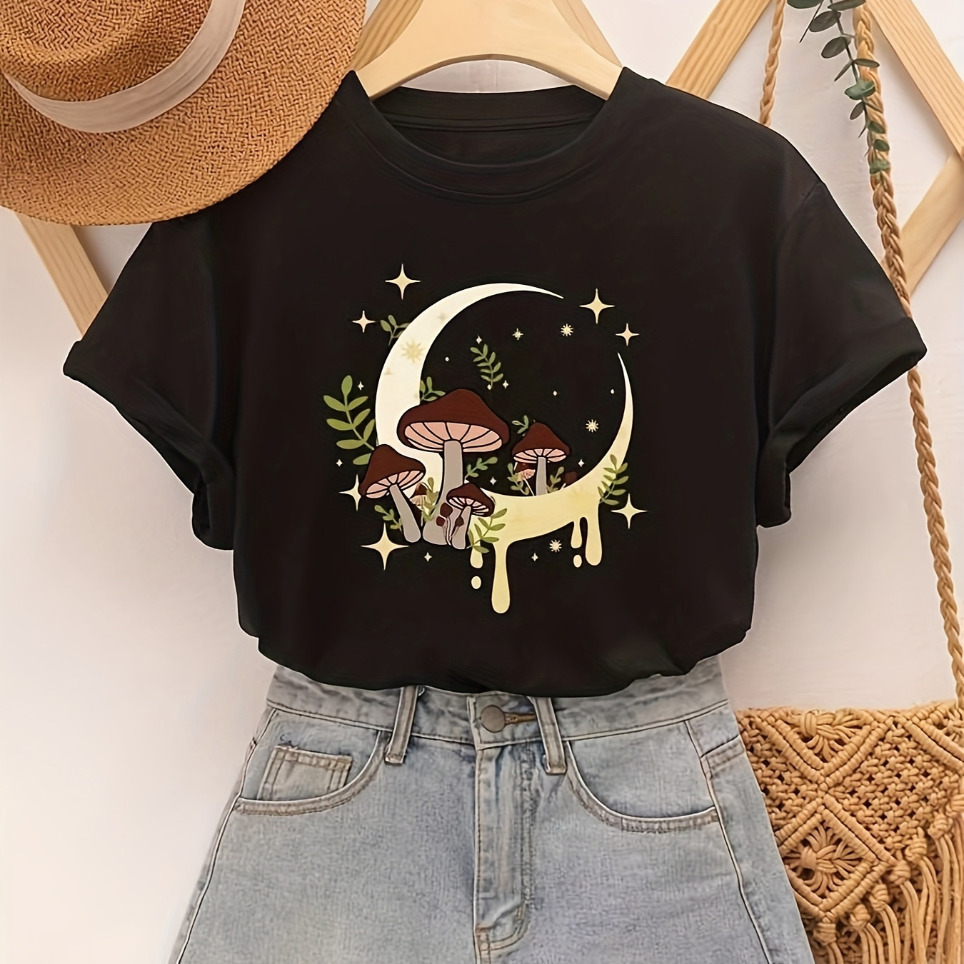 Moon & Mushroom Print Cute T-shirt, Crew Neck Short Sleeve T-shirt For Spring & Summer, Women's Clothing
Moon & Mushroom Print Cute T-shirt, Crew Neck Short Sleeve T-shirt For Spring & Summer, Women's Clothing