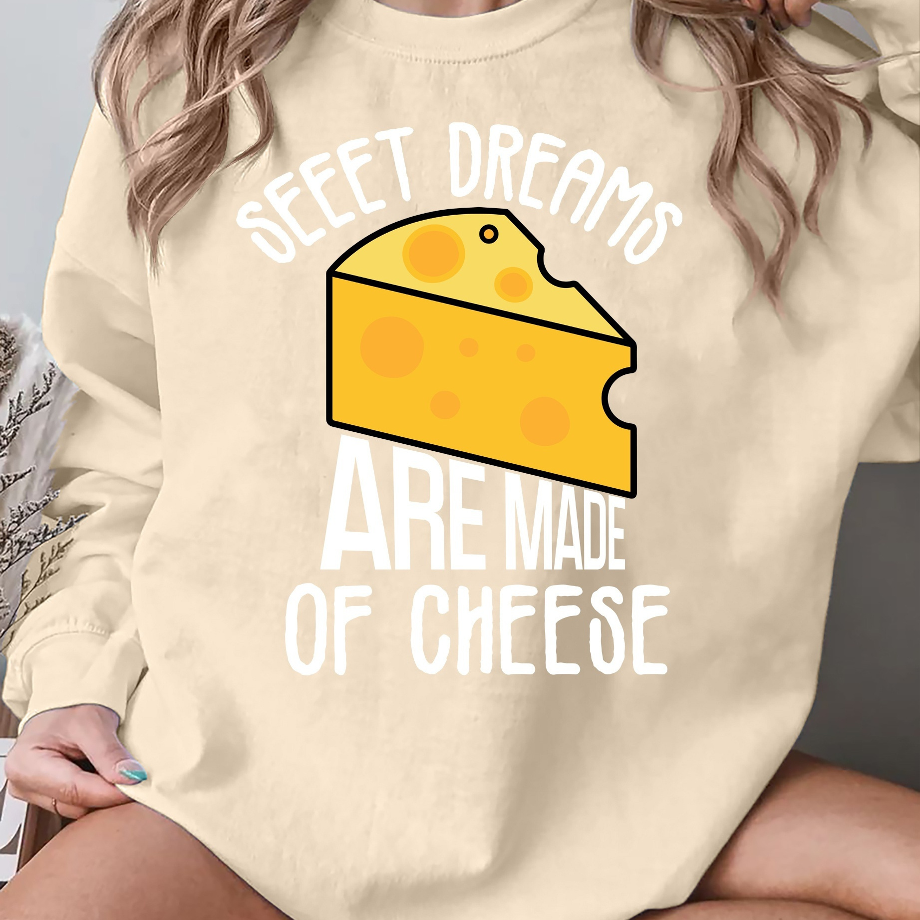 Women's Casual Crew Neck Sweatshirt With Cheese Graphic Print - 100% Polyester Knit Fabric, Long Sleeve Pullover For Fall/winter
Women's Casual Crew Neck Sweatshirt With Cheese Graphic Print - 100% Polyester Knit Fabric, Long Sleeve Pullover For Fall/winter