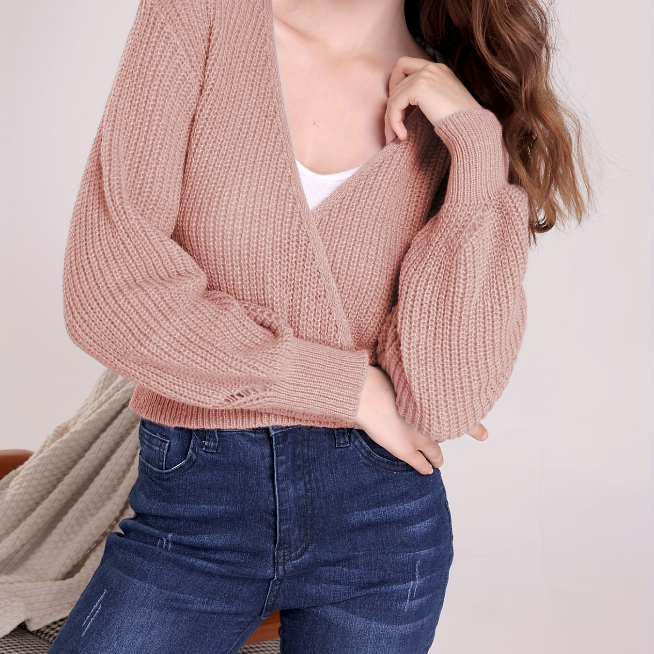 Drop Shoulder Surplice Neck Knit Sweater, Casual Crop Long Sleeve Sweater, Women's Clothing
Drop Shoulder Surplice Neck Knit Sweater, Casual Crop Long Sleeve Sweater, Women's Clothing