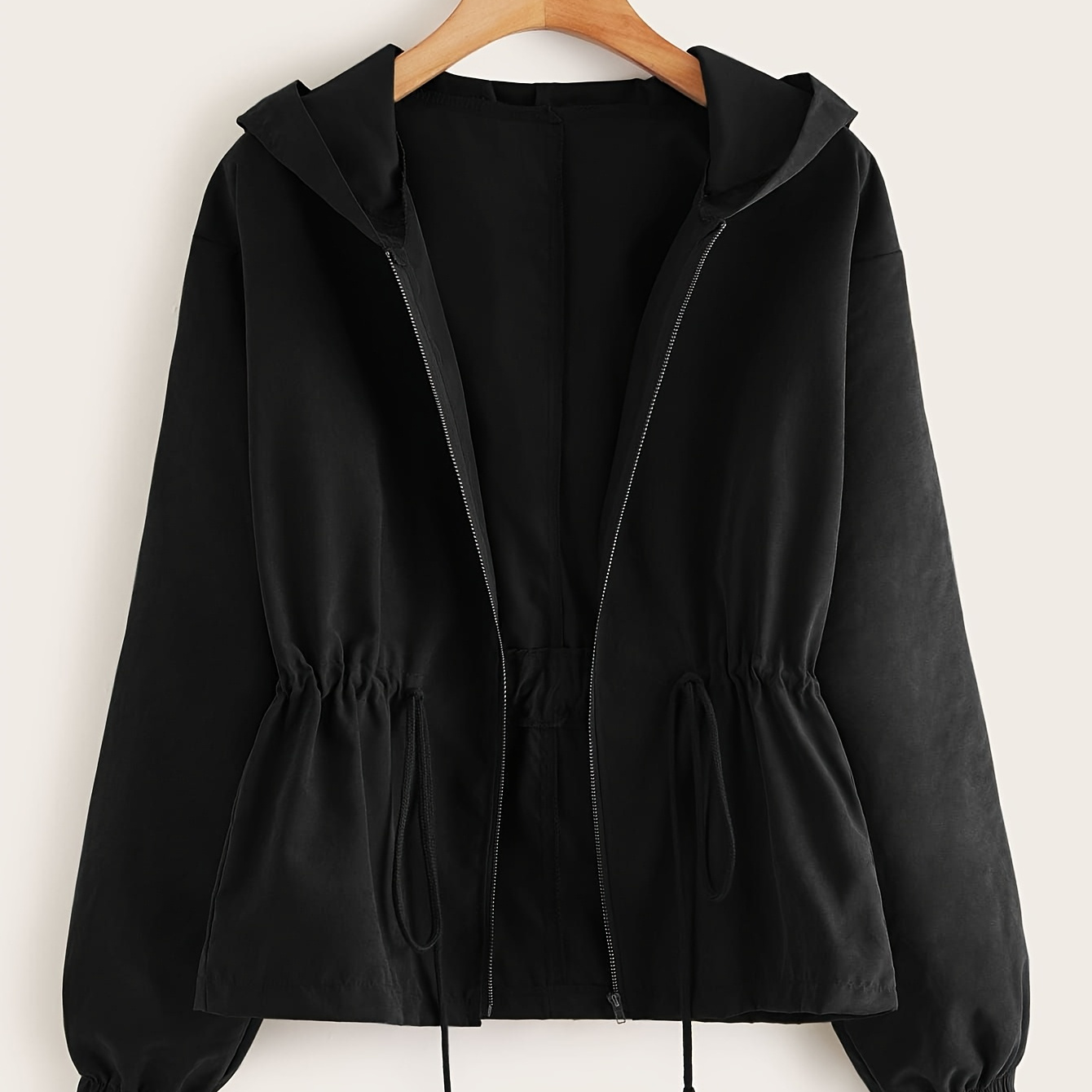 Women's Elegant Black Zip-up Hooded Jacket - Lightweight Polyester, Hem Detail, Machine Washable For Spring/fall
Women's Elegant Black Zip-up Hooded Jacket - Lightweight Polyester, Hem Detail, Machine Washable For Spring/fall