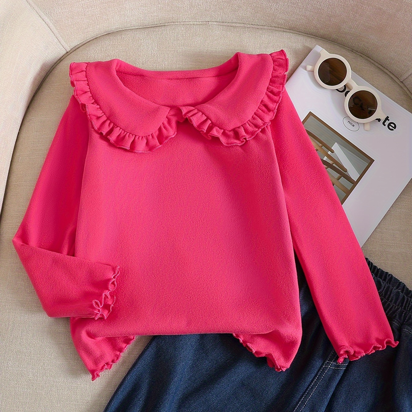 Girls' Casual Lettuce Trim Lapel Collar Long Sleeve Knit Top - 100% Polyester Solid Color Tee With Stretch For Spring/fall
Girls' Casual Lettuce Trim Lapel Collar Long Sleeve Knit Top - 100% Polyester Solid Color Tee With Stretch For Spring/fall