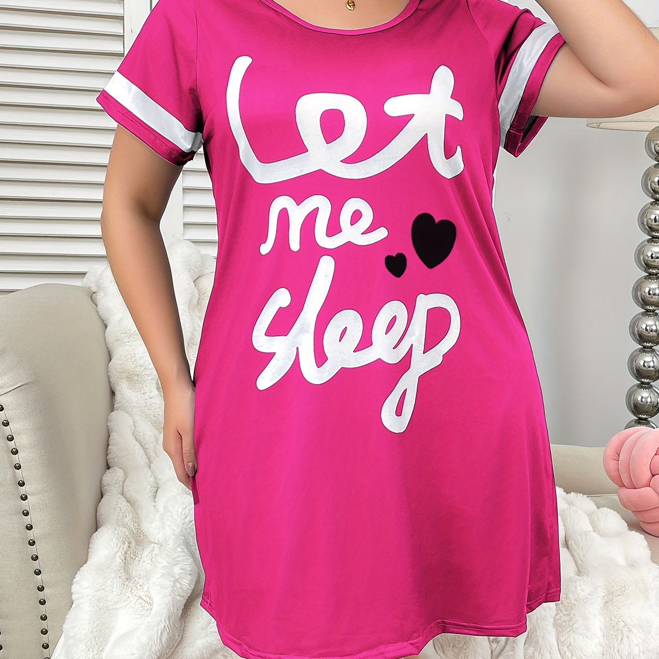 Women's Plus Size Short Sleeve " Sleep" Heart Print Night Dress, Casual Crew Neck Polyester Knit Fabric Sleepwear, , 95% Polyester 5% Elastane, 150gsm - Black
Women's Plus Size Short Sleeve " Sleep" Heart Print Night Dress, Casual Crew Neck Polyester Knit Fabric Sleepwear, , 95% Polyester 5% Elastane, 150gsm - Black