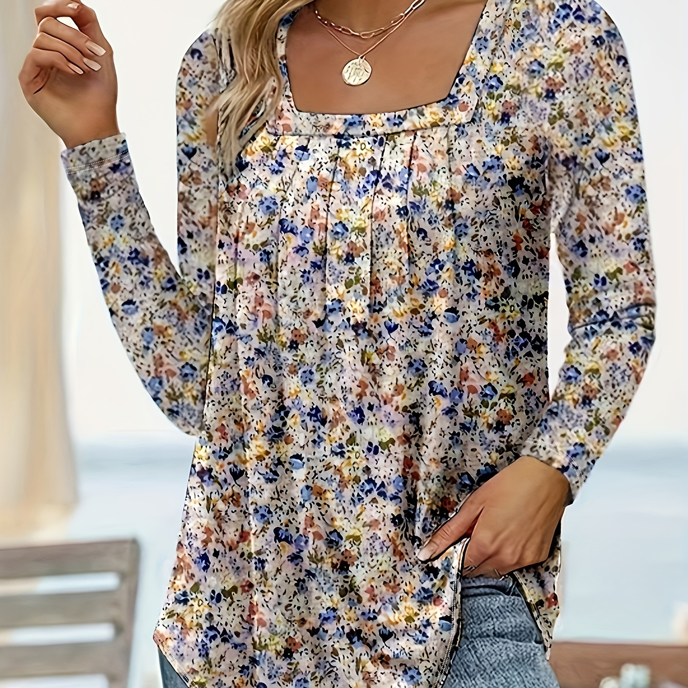 Allover Print Square Neck Tucked Top, Casual Long Sleeve T-shirt For Spring & Fall, Women's Clothing
Allover Print Square Neck Tucked Top, Casual Long Sleeve T-shirt For Spring & Fall, Women's Clothing
