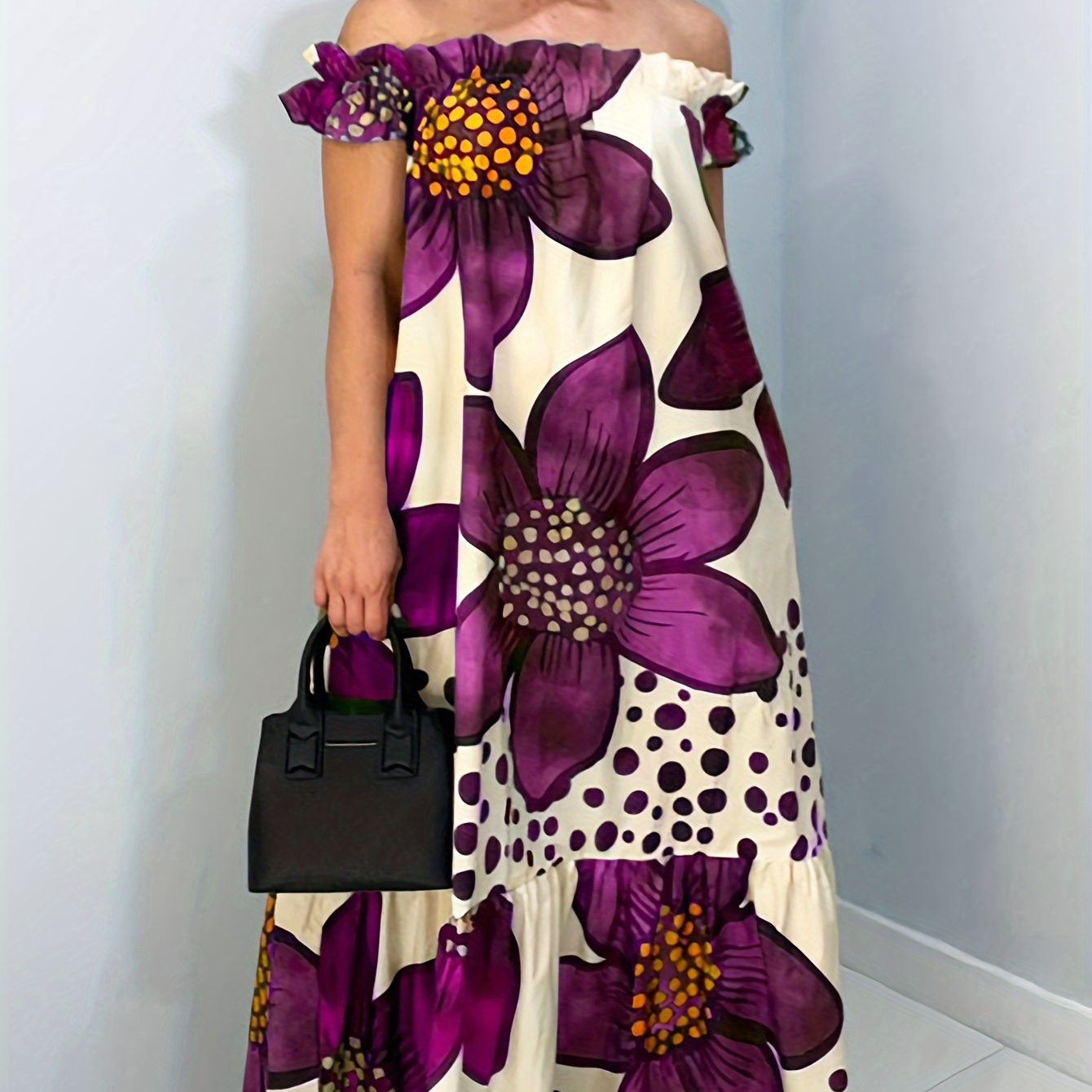 Floral Print Off Shoulder Dress, Elegant Straight Neck Maxi Dress For Spring & Summer, Women's Clothing
Floral Print Off Shoulder Dress, Elegant Straight Neck Maxi Dress For Spring & Summer, Women's Clothing
