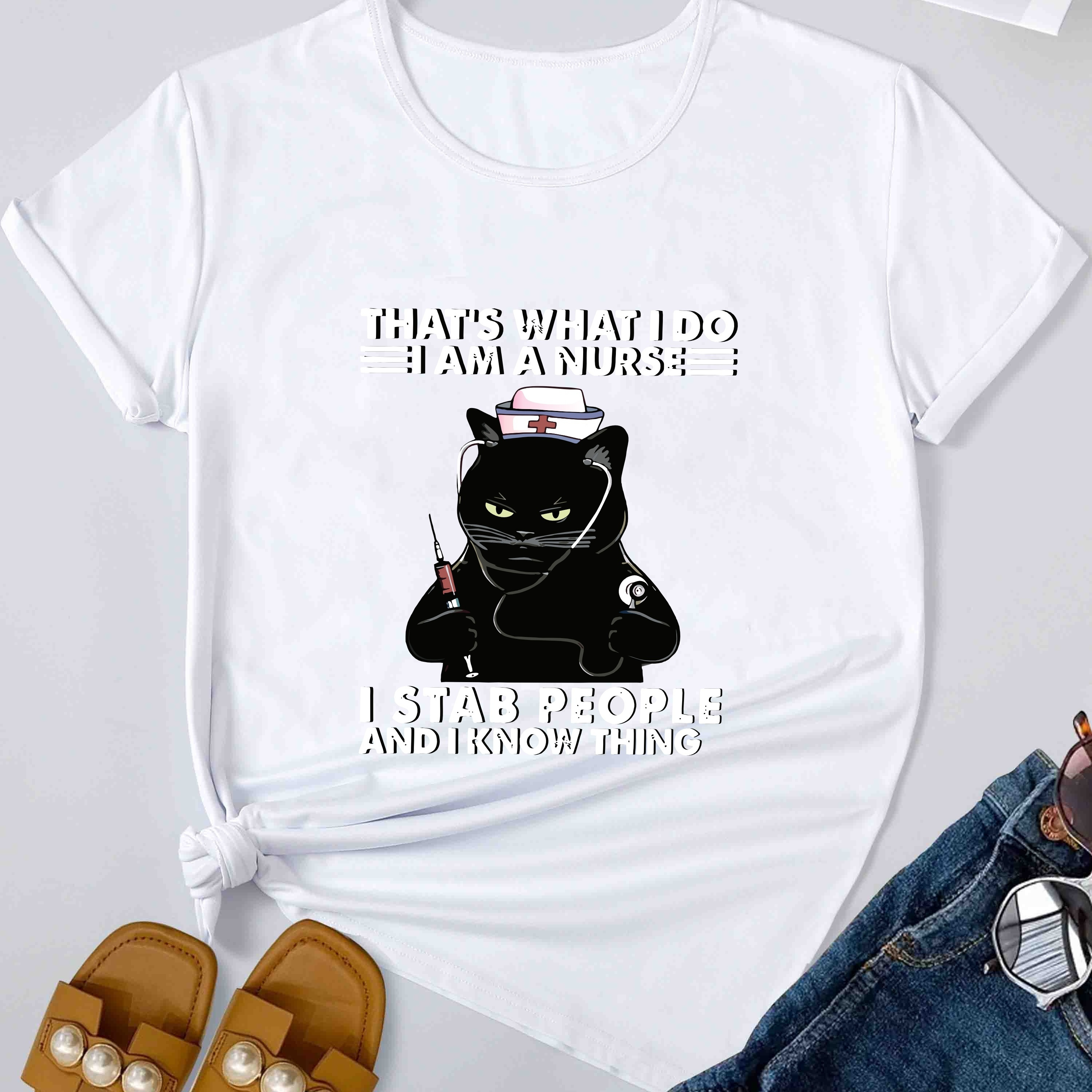 Nurse Cat & Letter Print T-shirt, Casual Crew Neck Short Sleeve Top For Spring & Summer, Women's Clothing
Nurse Cat & Letter Print T-shirt, Casual Crew Neck Short Sleeve Top For Spring & Summer, Women's Clothing