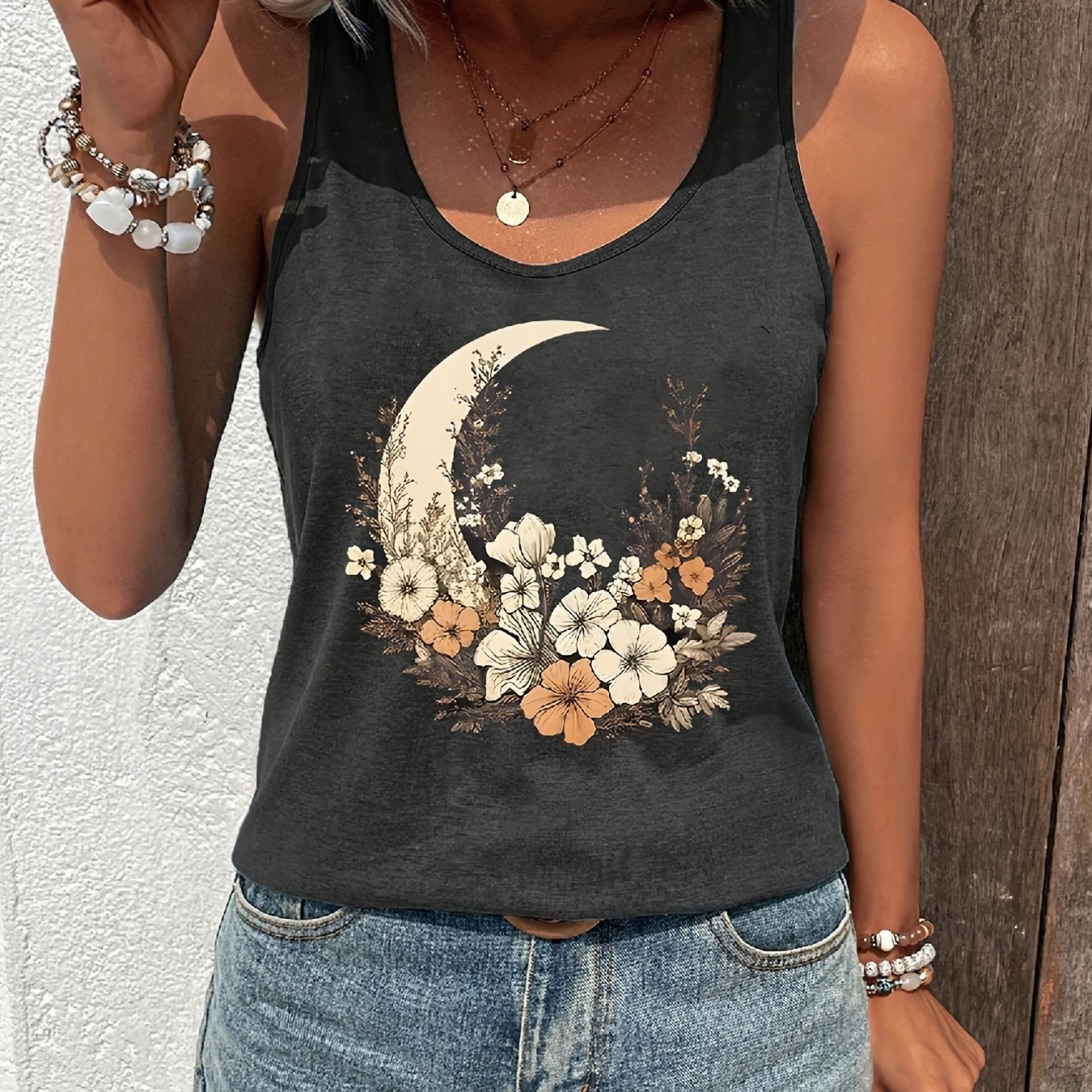 Moon & Floral Print Crew Neck Tank Top, Casual Sleeveless Top For Spring & Summer, Women's Clothing
Moon & Floral Print Crew Neck Tank Top, Casual Sleeveless Top For Spring & Summer, Women's Clothing