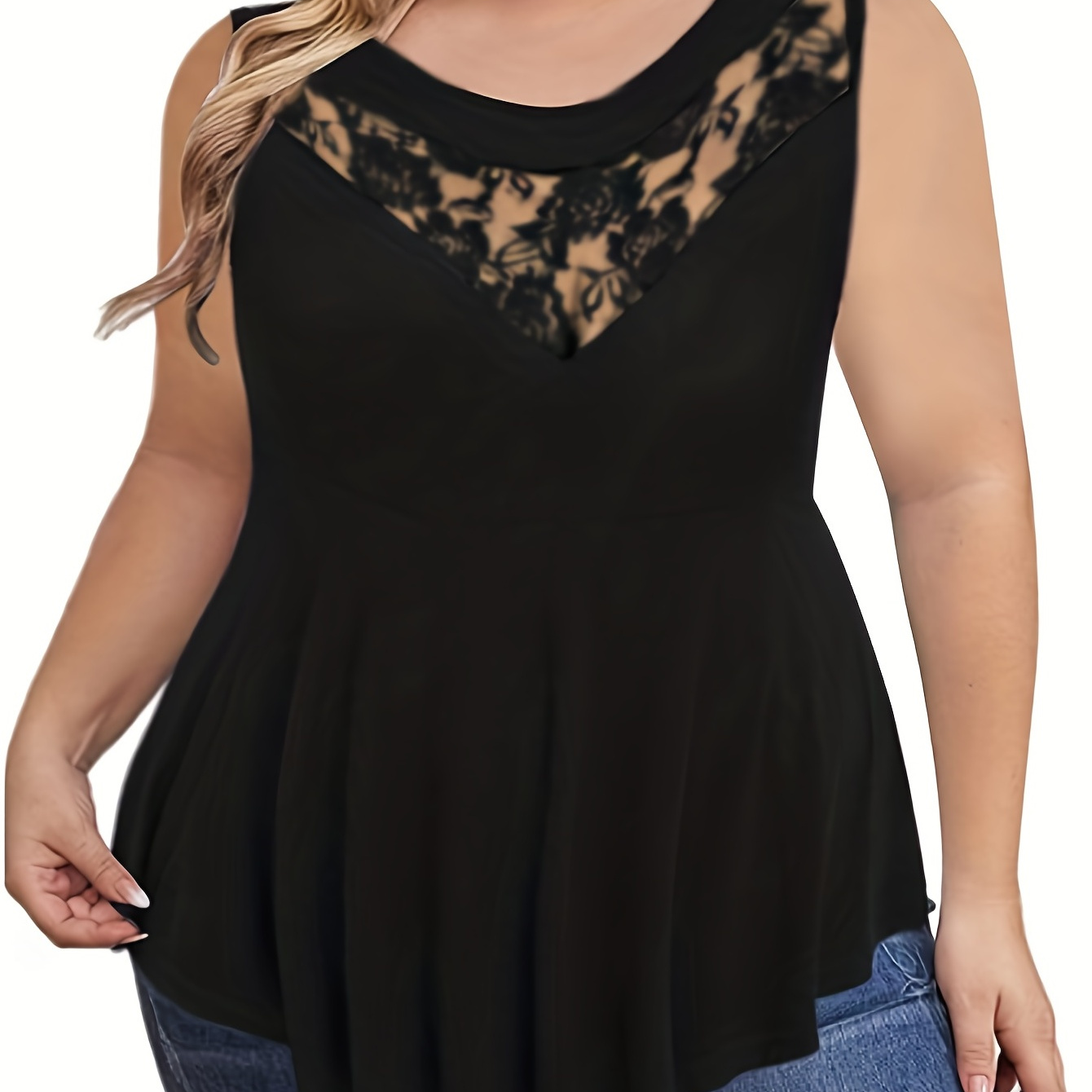 

Plus Size Contrast Lace Irregular Hem Tank Top, Women's Plus Elegant Medium Stretch Semi Sheer Top