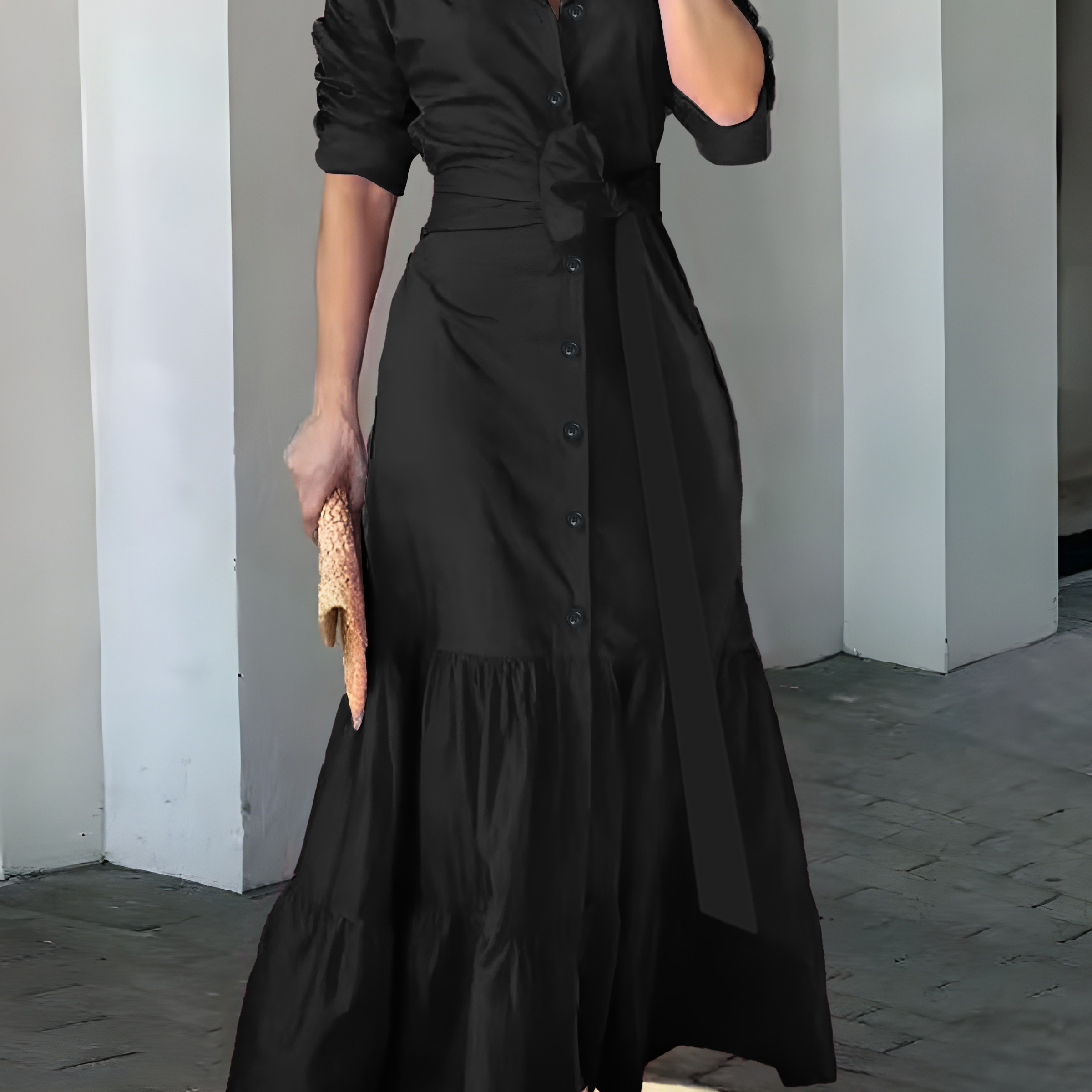 

Solid Button Front Belted Dress, Elegant Ruched Sleeve Ruffle Trim Maxi Dress, Women's Clothing