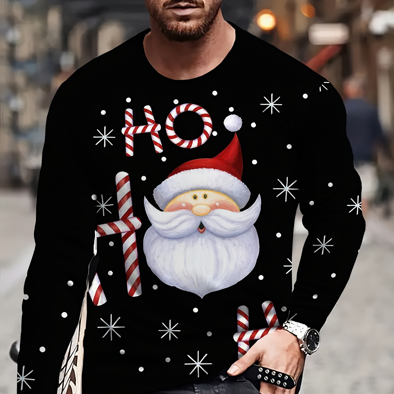 Men's Christmas Santa Print Long Sleeve T-shirt, Casual Crew Neck Knit Top With Slight Stretch, Soft Breathable Polyester , Regular Fit Holiday Shirt For All
Men's Christmas Santa Print Long Sleeve T-shirt, Casual Crew Neck Knit Top With Slight Stretch, Soft Breathable Polyester , Regular Fit Holiday Shirt For All