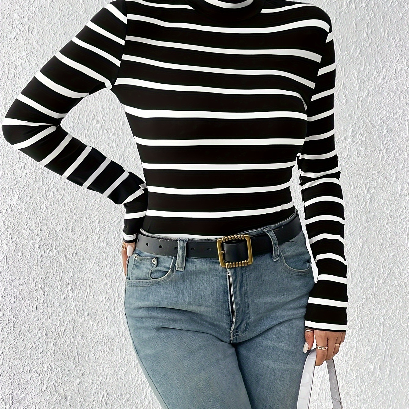 Striped Stand Neck T-shirt, Elegant Long Sleeve Slim T-shirt For Spring & Fall, Women's Clothing
Striped Stand Neck T-shirt, Elegant Long Sleeve Slim T-shirt For Spring & Fall, Women's Clothing