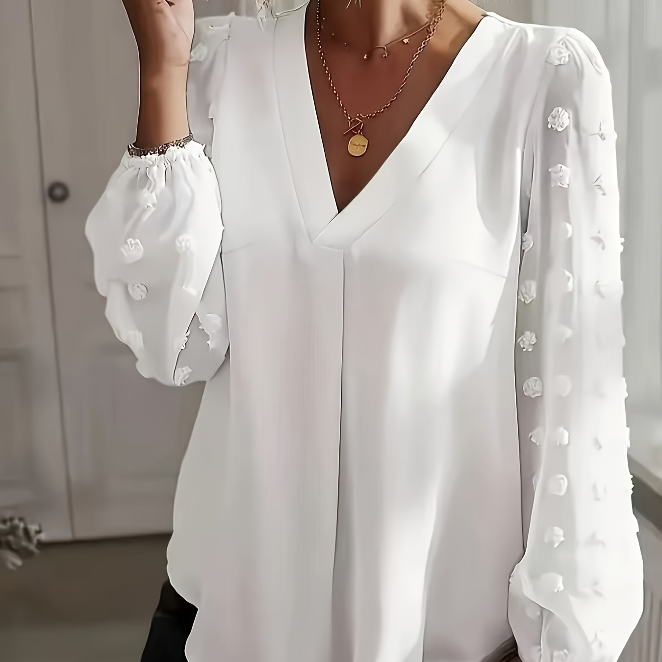 Plus Size Swiss Dot V Neck Blouse, Elegant Long Sleeve Top For Spring & Fall, Women's Plus Size Clothing, Summer, Casual, Breathable, Elastic
Plus Size Swiss Dot V Neck Blouse, Elegant Long Sleeve Top For Spring & Fall, Women's Plus Size Clothing, Summer, Casual, Breathable, Elastic