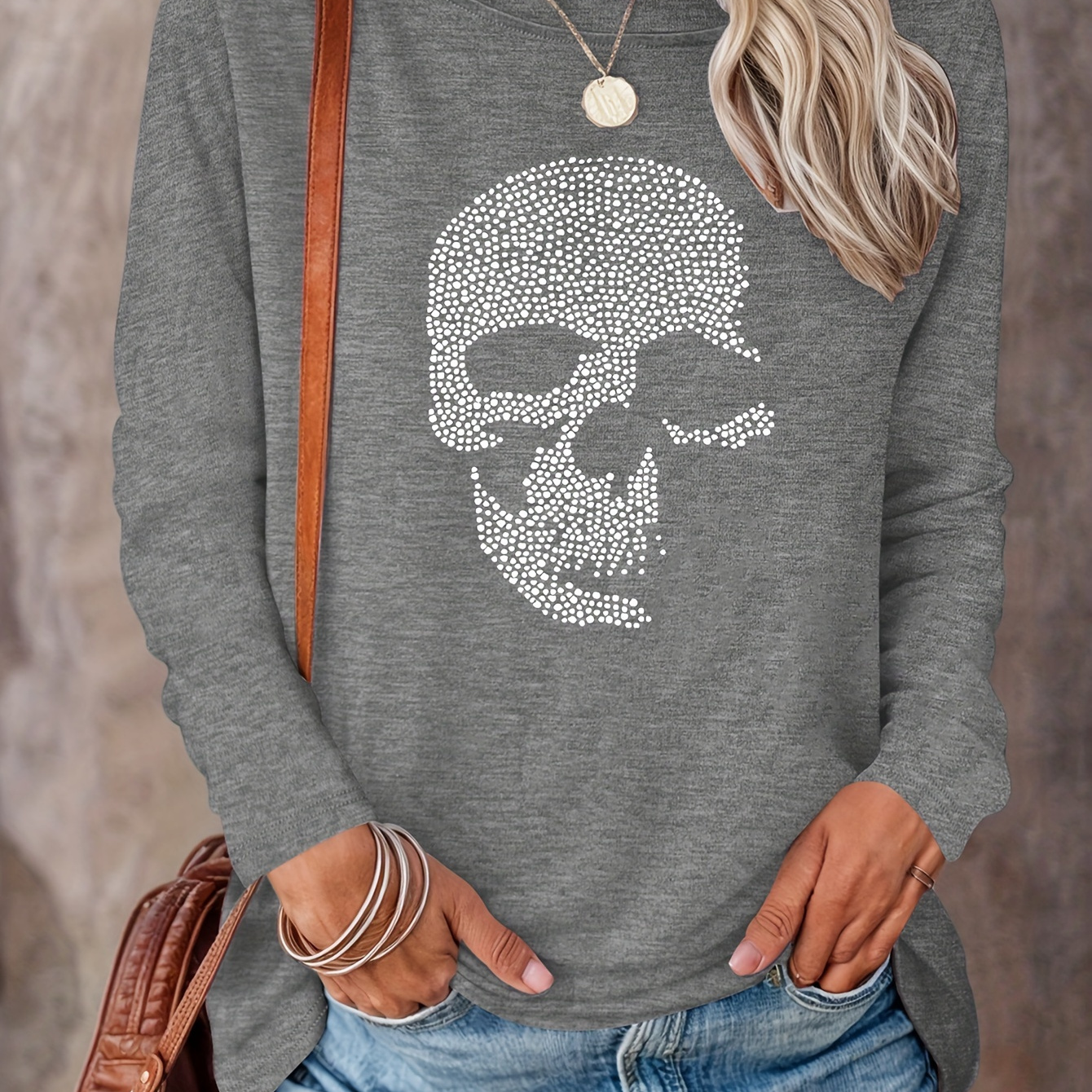 Skull Print T-shirt, Long Sleeve Crew Neck Casual Top For Spring & Fall, Women's Clothing
Skull Print T-shirt, Long Sleeve Crew Neck Casual Top For Spring & Fall, Women's Clothing