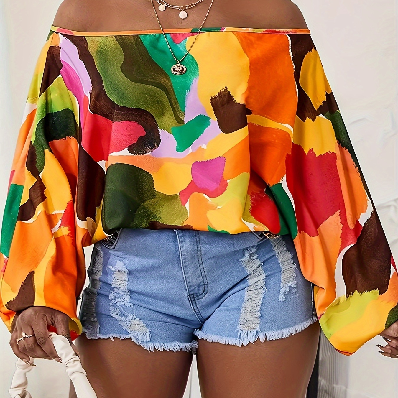 Patchwork Print Off Shoulder Blouse, Y2k Loose Long Sleeve Blouse For Spring & Fall, Women's Clothing
Patchwork Print Off Shoulder Blouse, Y2k Loose Long Sleeve Blouse For Spring & Fall, Women's Clothing
