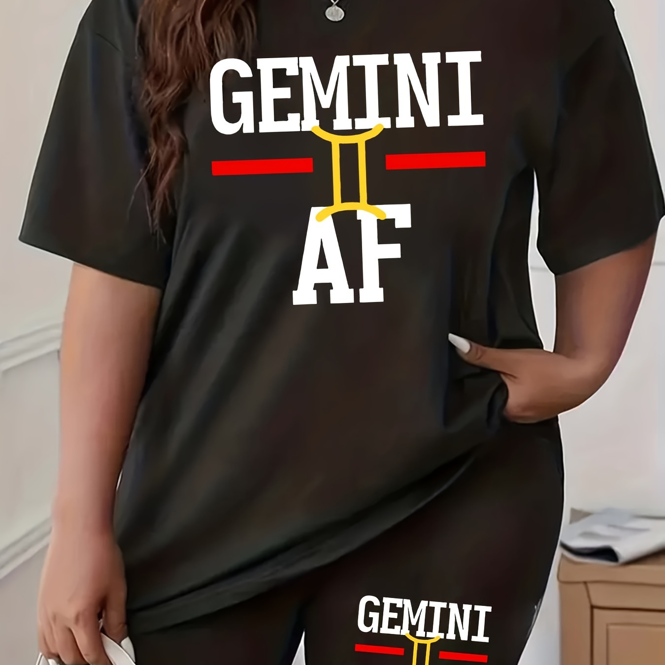 Plus Size Letter Print Two-piece Set, Crew Neck Short Sleeve Top & Shorts Outfits, Women's Plus Size clothing
Plus Size Letter Print Two-piece Set, Crew Neck Short Sleeve Top & Shorts Outfits, Women's Plus Size clothing