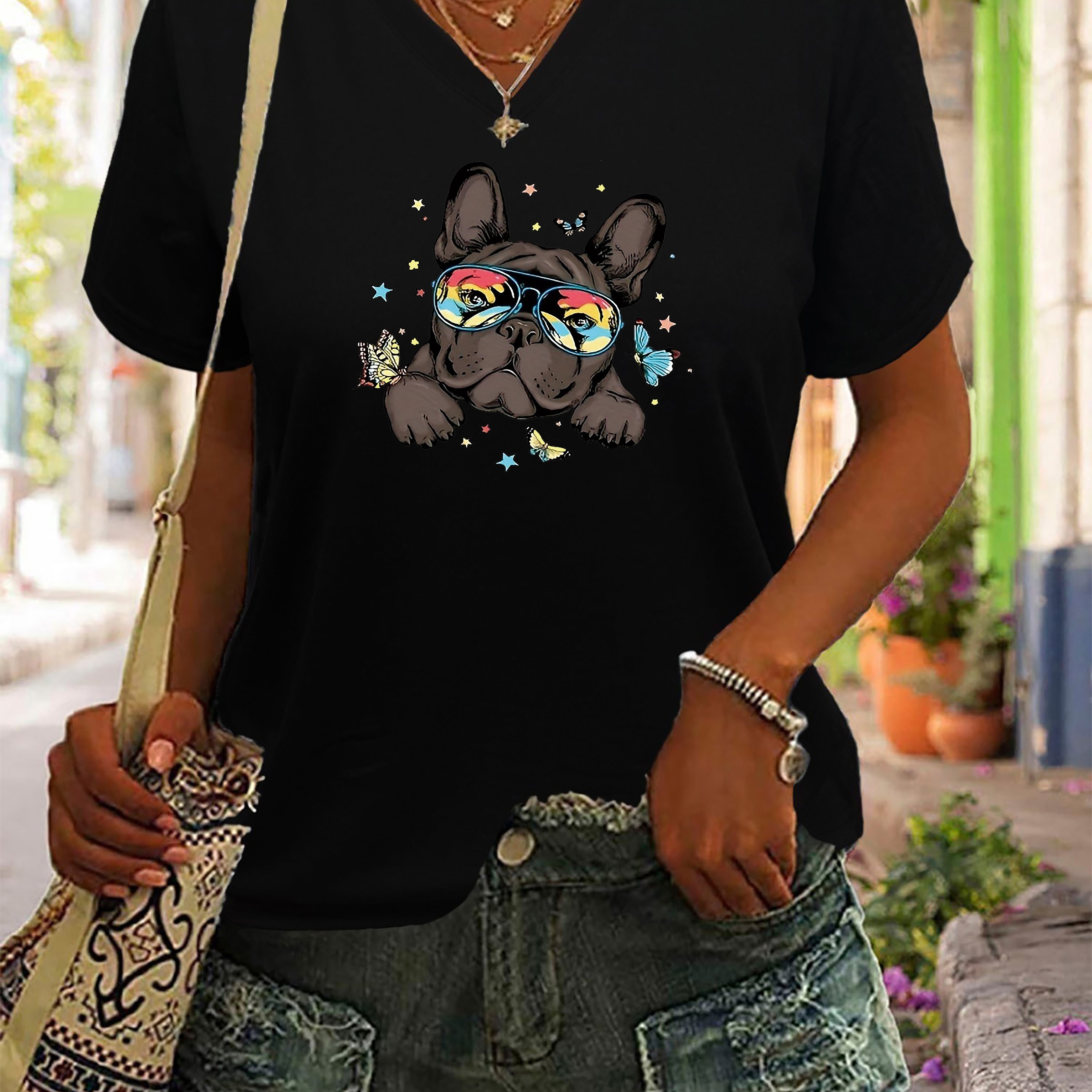 Dog Print T-shirt, Short Sleeve V-neck Casual Top For Summer & Spring, Women's Clothing
Dog Print T-shirt, Short Sleeve V-neck Casual Top For Summer & Spring, Women's Clothing