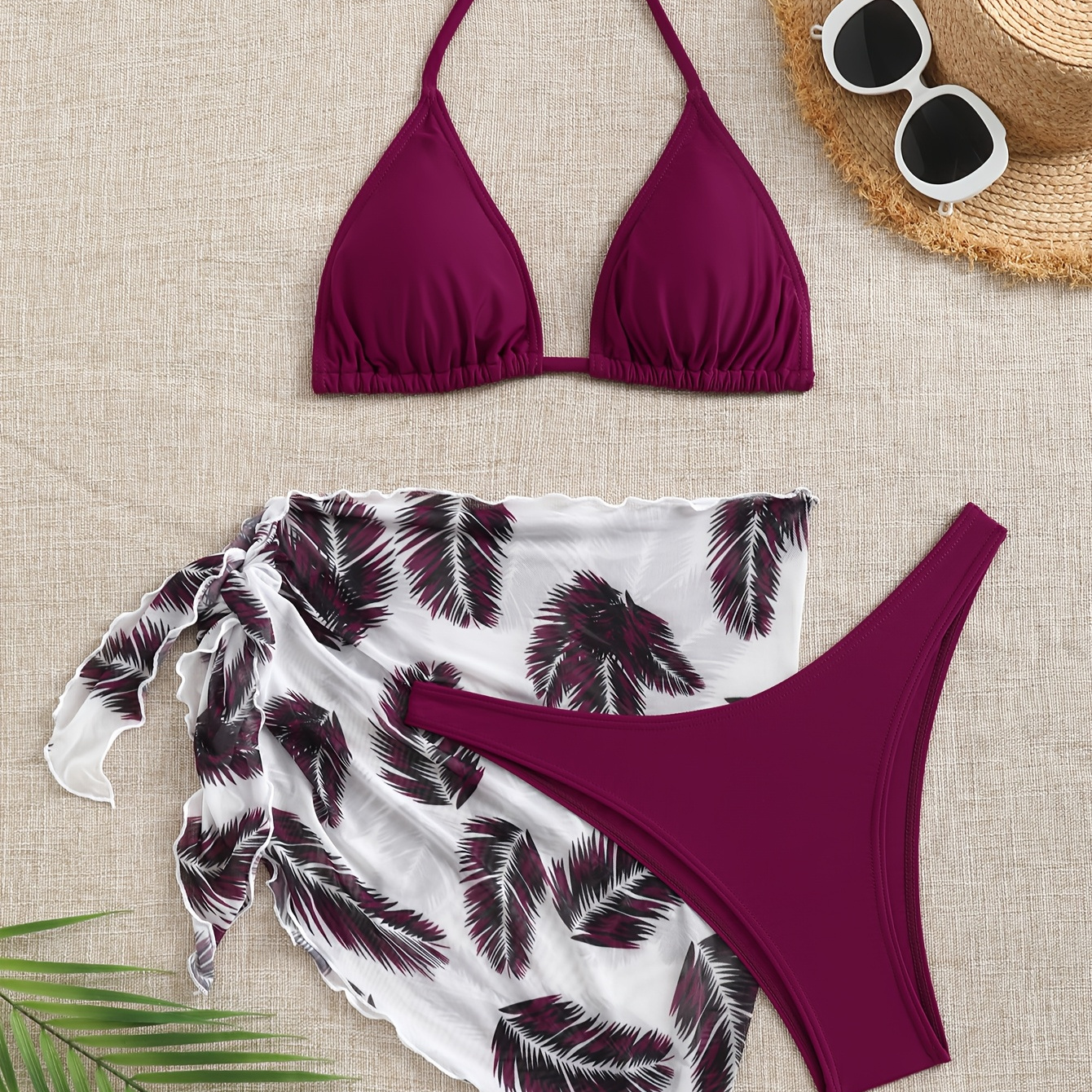 1set Women' Morandi Color Bikini Set With Tropical Leaf Sarong - Polyester Knit Halter Neck Swimsuit With Tie , Stretch Fabric, Casual Beachwear
1set Women' Morandi Color Bikini Set With Tropical Leaf Sarong - Polyester Knit Halter Neck Swimsuit With Tie , Stretch Fabric, Casual Beachwear