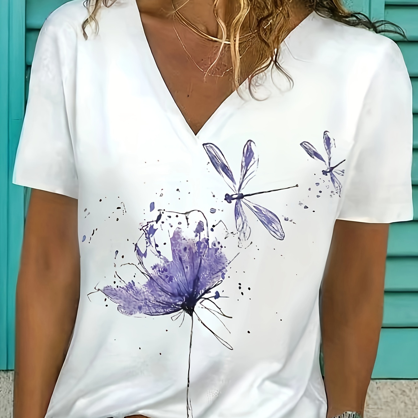Dragonfly & Floral Print T-shirt, Casual V Neck Short Sleeve Top For Spring & Summer, Women's Clothing
Dragonfly & Floral Print T-shirt, Casual V Neck Short Sleeve Top For Spring & Summer, Women's Clothing