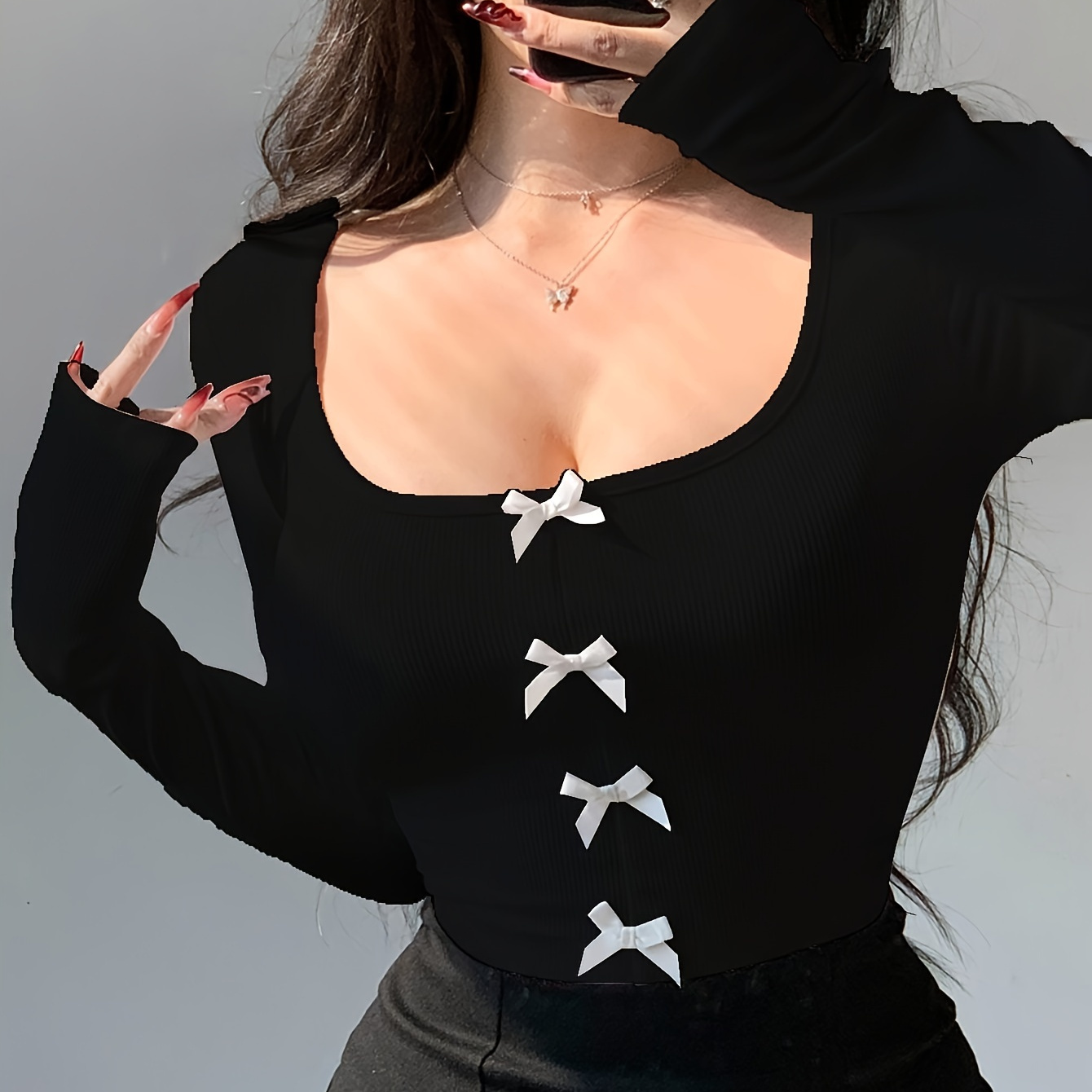 Bow Decor Square Neck T-shirt, Y2k Slim-fit Crop Long Sleeve Top For Spring & Fall, Women's Clothing
Bow Decor Square Neck T-shirt, Y2k Slim-fit Crop Long Sleeve Top For Spring & Fall, Women's Clothing