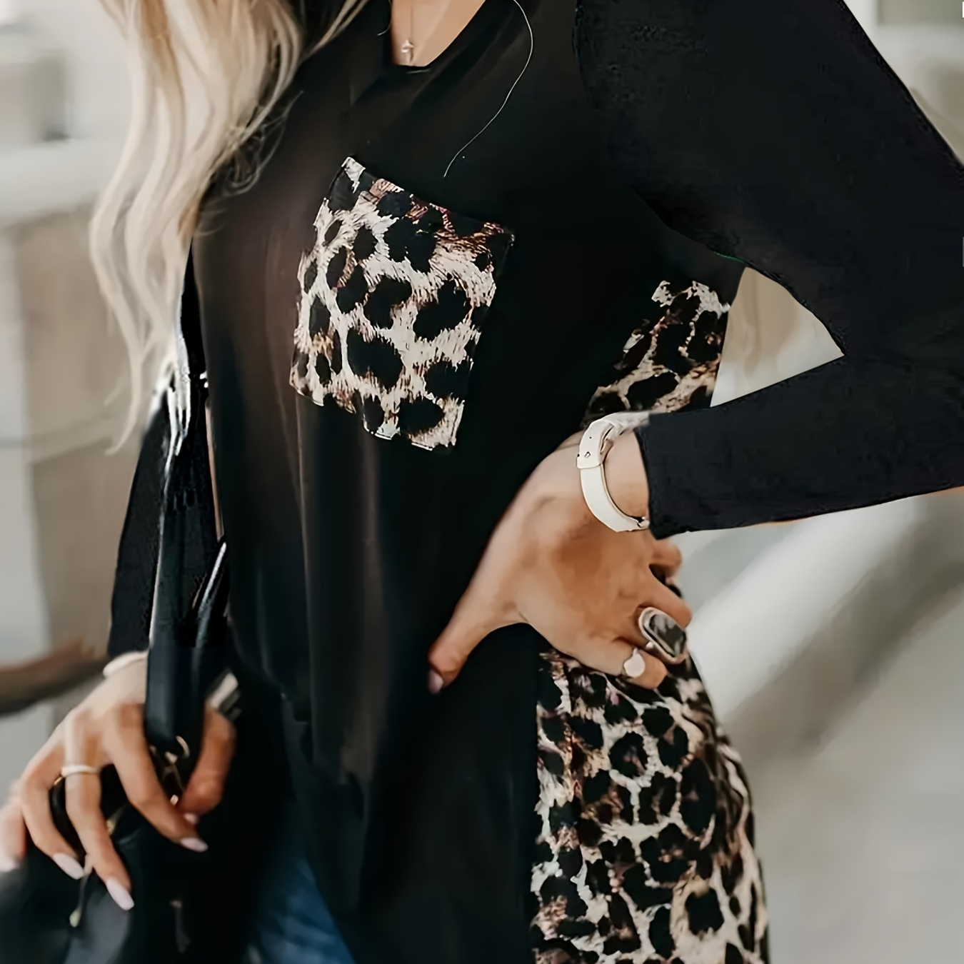Leopard Print Pocket T-shirt, Casual Long Sleeve Top For Spring & Fall, Women's Clothing
Leopard Print Pocket T-shirt, Casual Long Sleeve Top For Spring & Fall, Women's Clothing