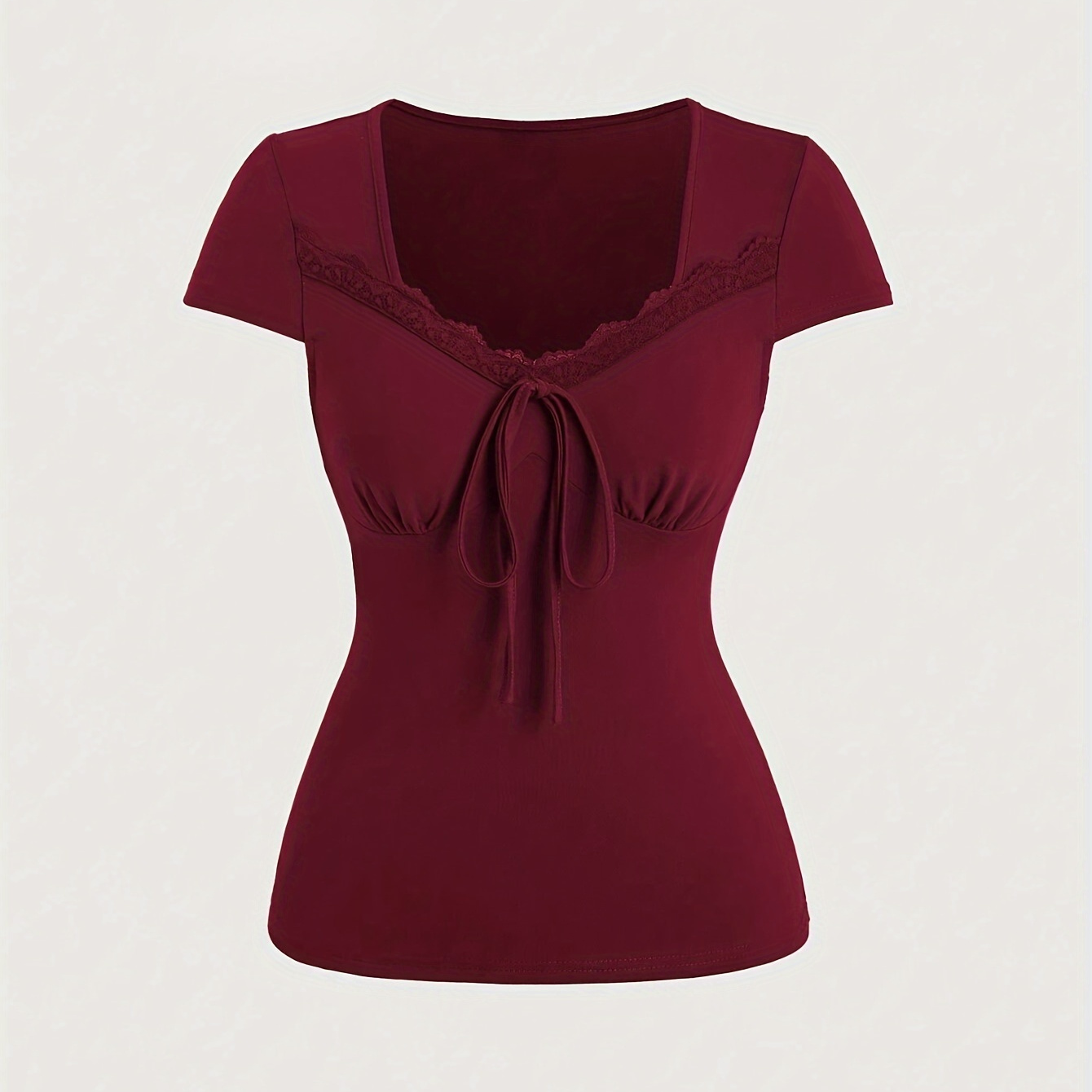 Lace Trim V-neck Slim T-shirt, Elegant Short Sleeve T-shirt For Spring & Summer, Women's Clothing
Lace Trim V-neck Slim T-shirt, Elegant Short Sleeve T-shirt For Spring & Summer, Women's Clothing