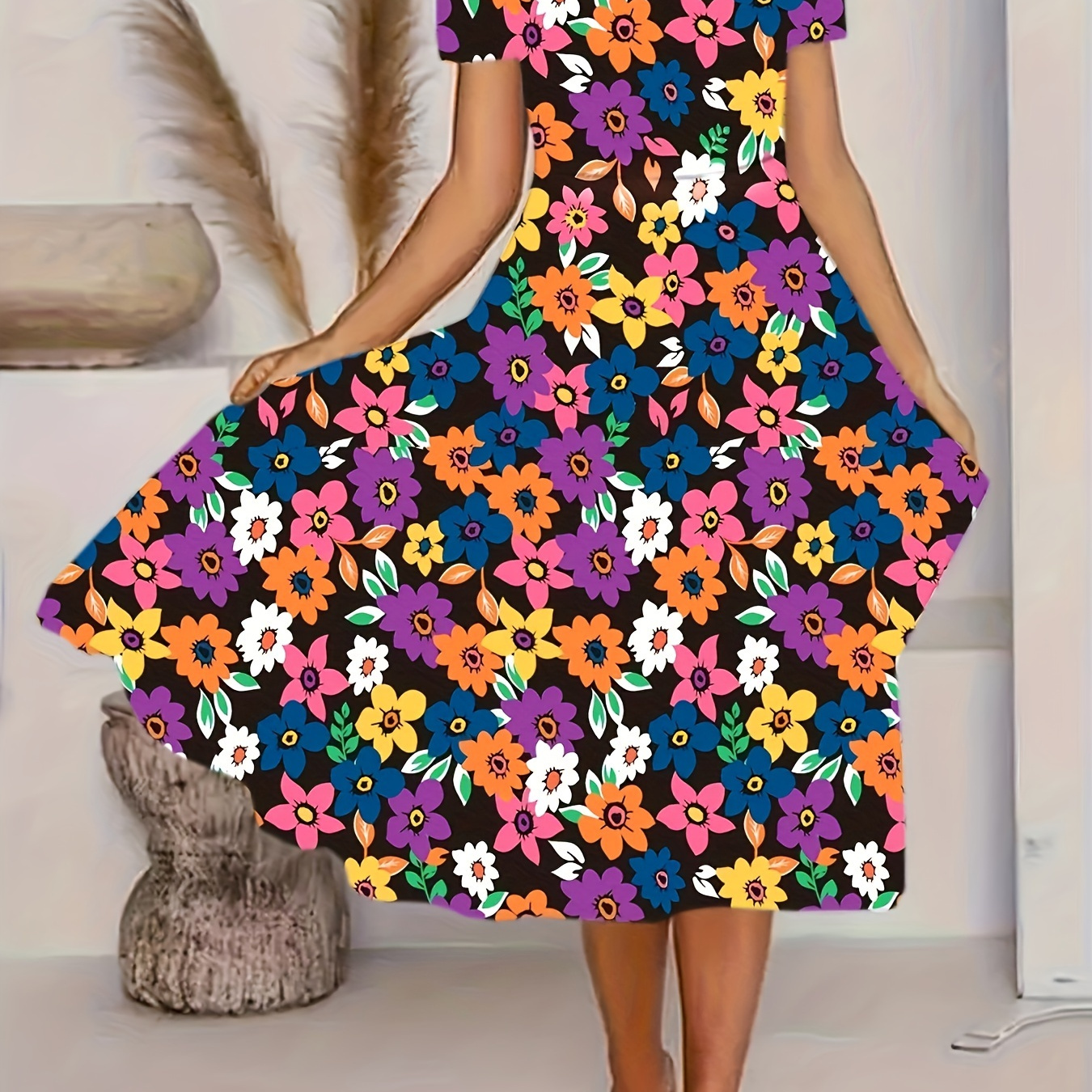 Plus Size Colorful Flower Print Dress, Short Sleeve Casual Dress For Spring & Summer, Women's Plus Size Clothing
Plus Size Colorful Flower Print Dress, Short Sleeve Casual Dress For Spring & Summer, Women's Plus Size Clothing