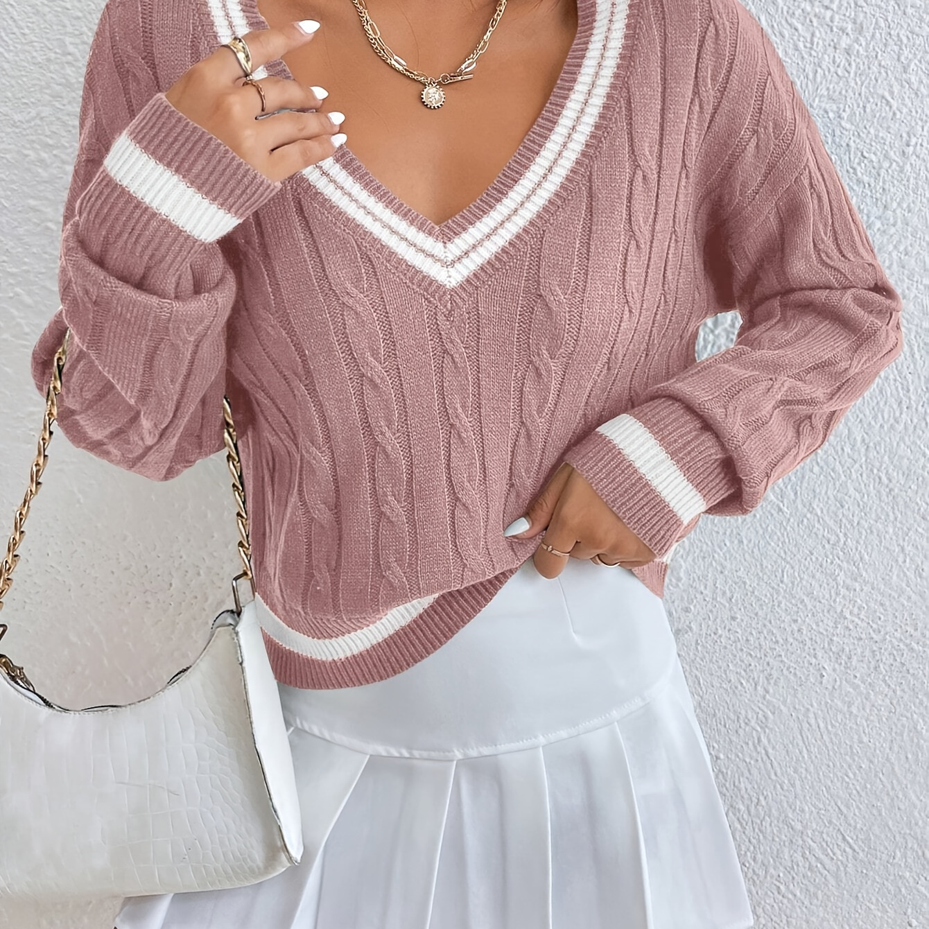 Cable Knit V Neck Sweater, Elegant Long Sleeve Sweater For Fall & Winter, Women's Clothing
Cable Knit V Neck Sweater, Elegant Long Sleeve Sweater For Fall & Winter, Women's Clothing