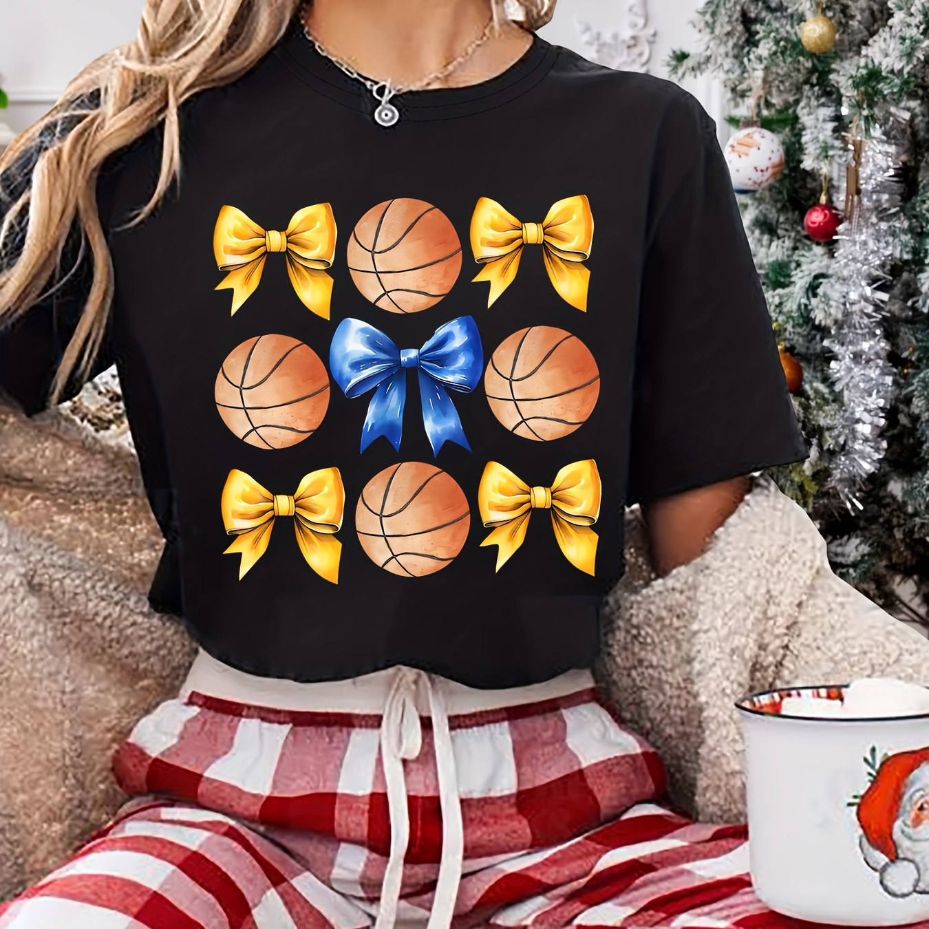 Women's Christmas T-shirt, Short Sleeve, Round Neck, , Polyester Fabric, Regular Length, Bow And Basketball Print, Fashion Top
Women's Christmas T-shirt, Short Sleeve, Round Neck, , Polyester Fabric, Regular Length, Bow And Basketball Print, Fashion Top
