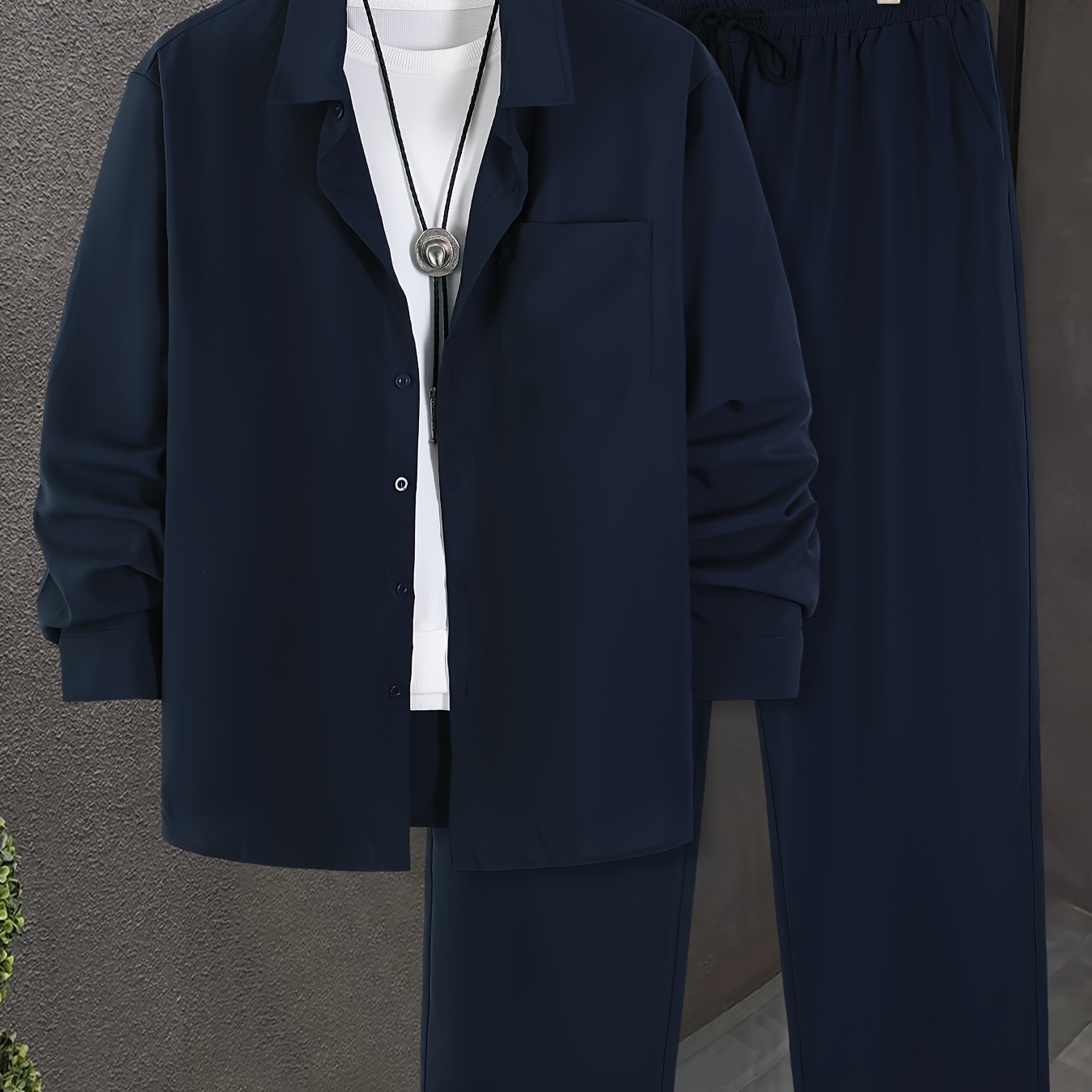 Men's Casual 2pcs Set: Long Sleeve Button-up Shirt & Drawstring Pants - Polyester, Machine Washable
Men's Casual 2pcs Set: Long Sleeve Button-up Shirt & Drawstring Pants - Polyester, Machine Washable