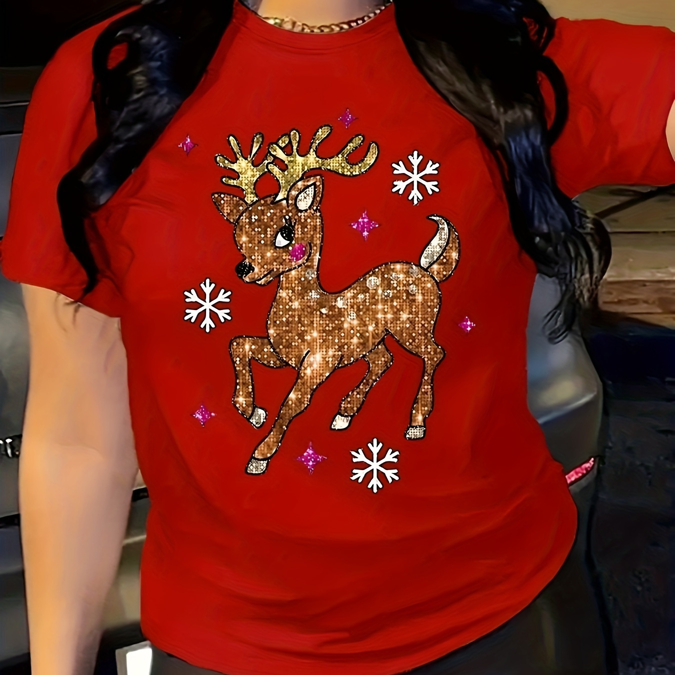 Women's Christmas Reindeer Print Short Sleeve Round Neck T-shirt, Casual Polyester Knit Top, Tee For All
Women's Christmas Reindeer Print Short Sleeve Round Neck T-shirt, Casual Polyester Knit Top, Tee For All