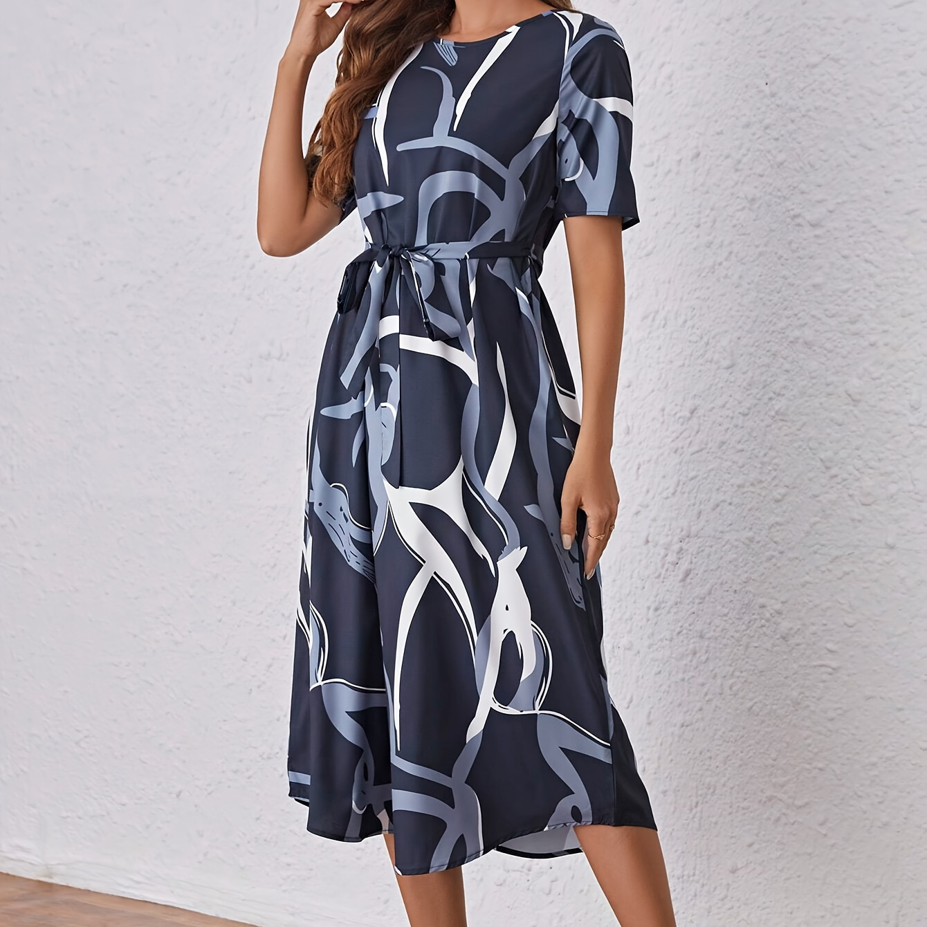 Allover Print Belted Crew Neck Dress, Elegant Short Sleeve Dress For Spring & Summer, Women's Clothing
Allover Print Belted Crew Neck Dress, Elegant Short Sleeve Dress For Spring & Summer, Women's Clothing