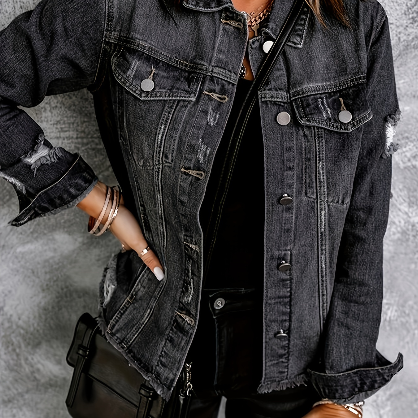 Ripped Raw Hem Denim Jackets, Flap Pockets Long Sleeve Distressed Lapel Denim Coats, Women's Denim Clothing
Ripped Raw Hem Denim Jackets, Flap Pockets Long Sleeve Distressed Lapel Denim Coats, Women's Denim Clothing