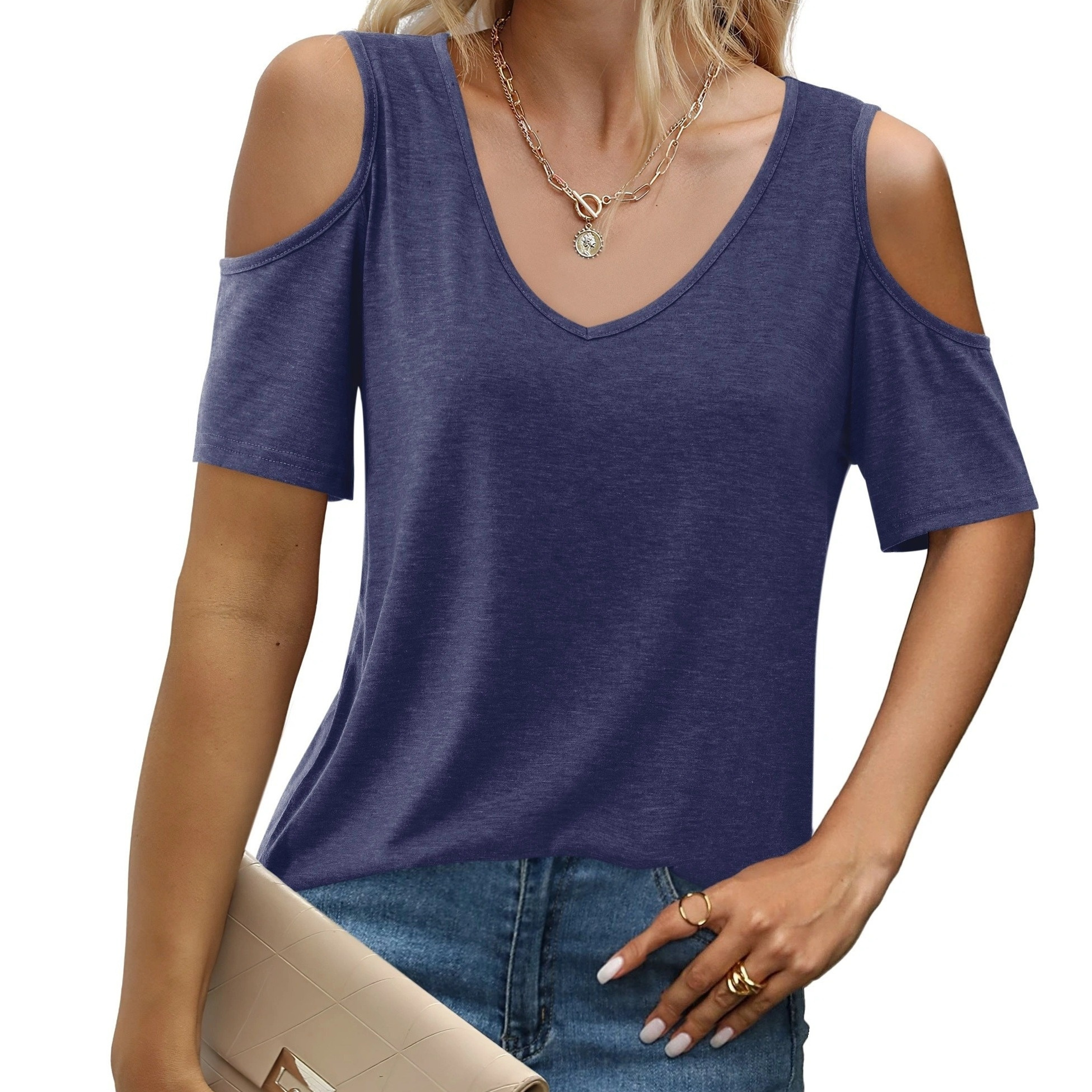 Solid Color V Neck T-shirt, Casual Cold Shoulder Short Sleeve Top For , Women's Clothing
Solid Color V Neck T-shirt, Casual Cold Shoulder Short Sleeve Top For , Women's Clothing