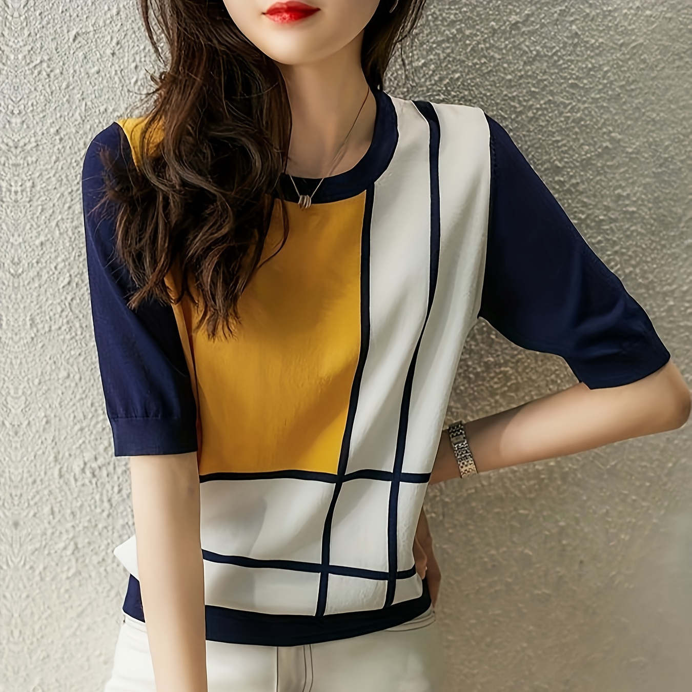 Color Block Crew Neck Sweater, Casual Striped Pattern Short Sleeve Pullover Sweater For Spring & Summer, Women's Clothing
Color Block Crew Neck Sweater, Casual Striped Pattern Short Sleeve Pullover Sweater For Spring & Summer, Women's Clothing