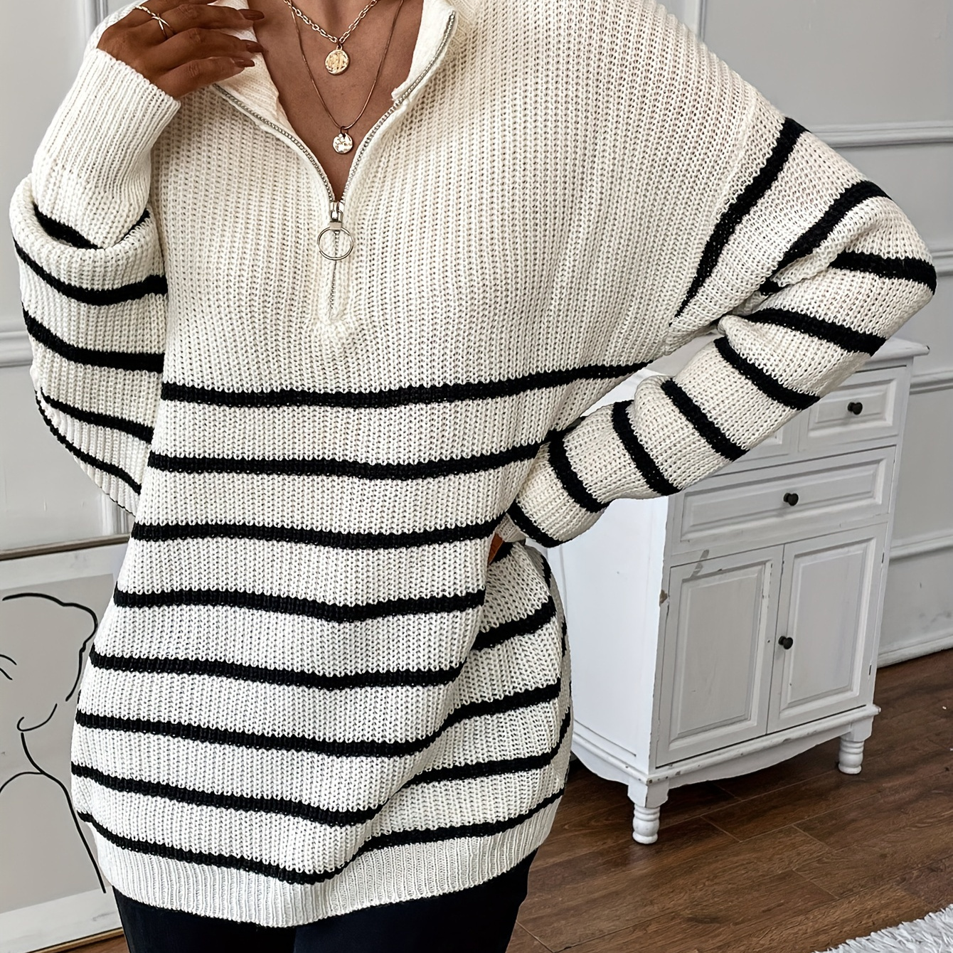 Zipper Striped Print Knit Sweater, Casual Versatile Long Sleeve Sweater, Women's Clothing
Zipper Striped Print Knit Sweater, Casual Versatile Long Sleeve Sweater, Women's Clothing