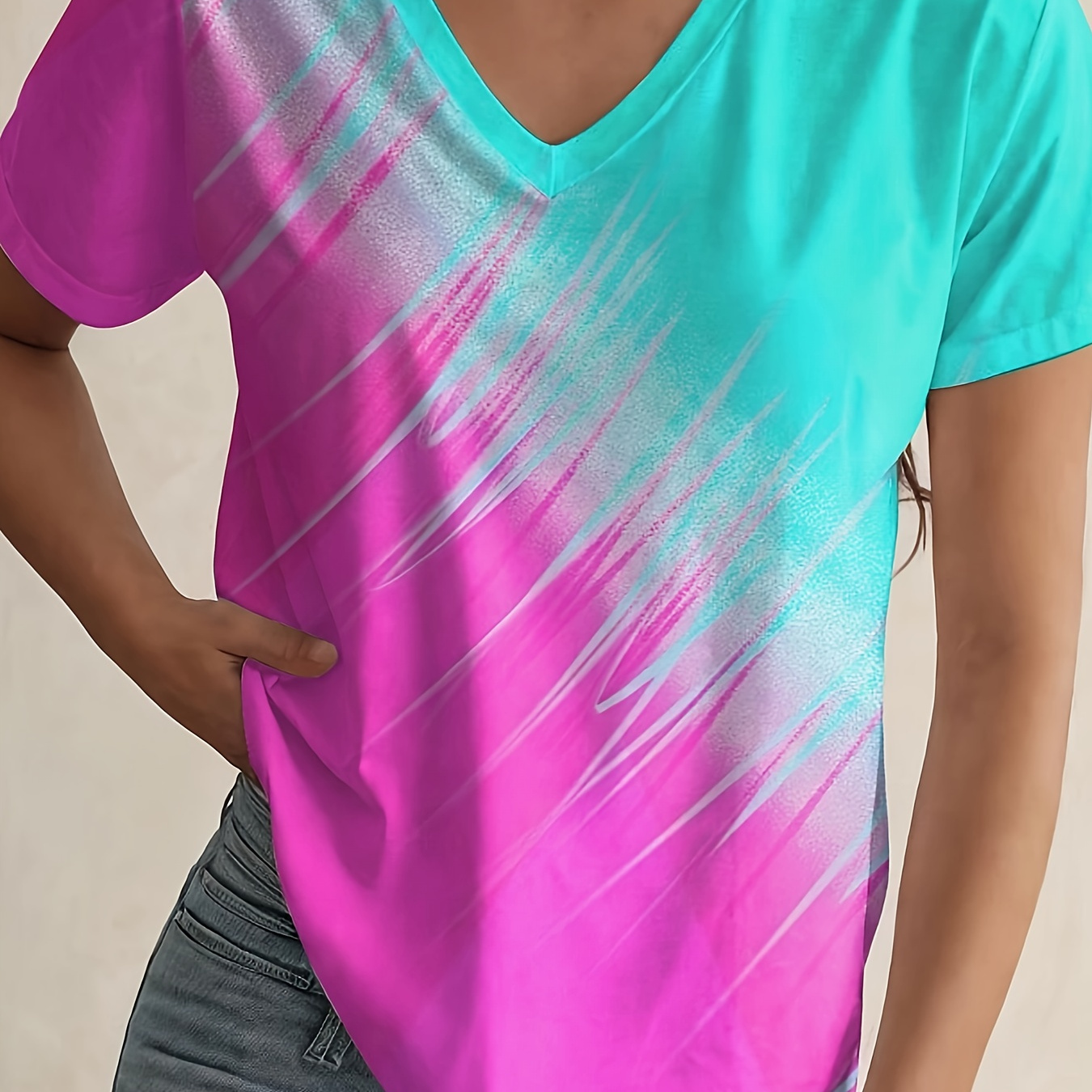 Color Block V Neck T-shirt, Casual Short Sleeve Top For Spring & Summer, Women's Clothing
Color Block V Neck T-shirt, Casual Short Sleeve Top For Spring & Summer, Women's Clothing