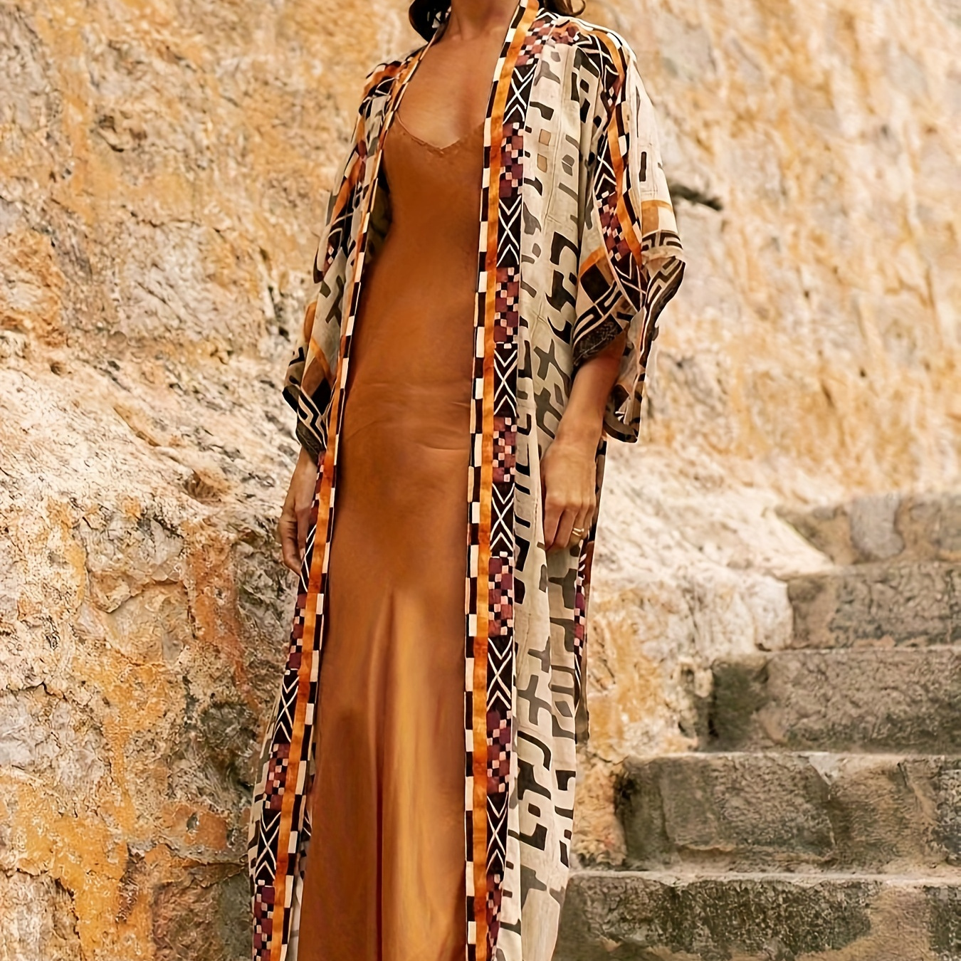 Plus Size Kimono Cover Up Cardigan With Tie Detail - 100% Viscose, Geometric Pattern, Woven Non-stretch Fabric
Plus Size Kimono Cover Up Cardigan With Tie Detail - 100% Viscose, Geometric Pattern, Woven Non-stretch Fabric