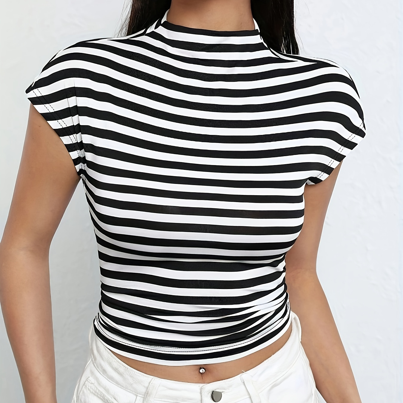 Striped Print Mock Neck T-shirt, Short Sleeve Crop Top For Spring & Summer, Women's Clothing
Striped Print Mock Neck T-shirt, Short Sleeve Crop Top For Spring & Summer, Women's Clothing
