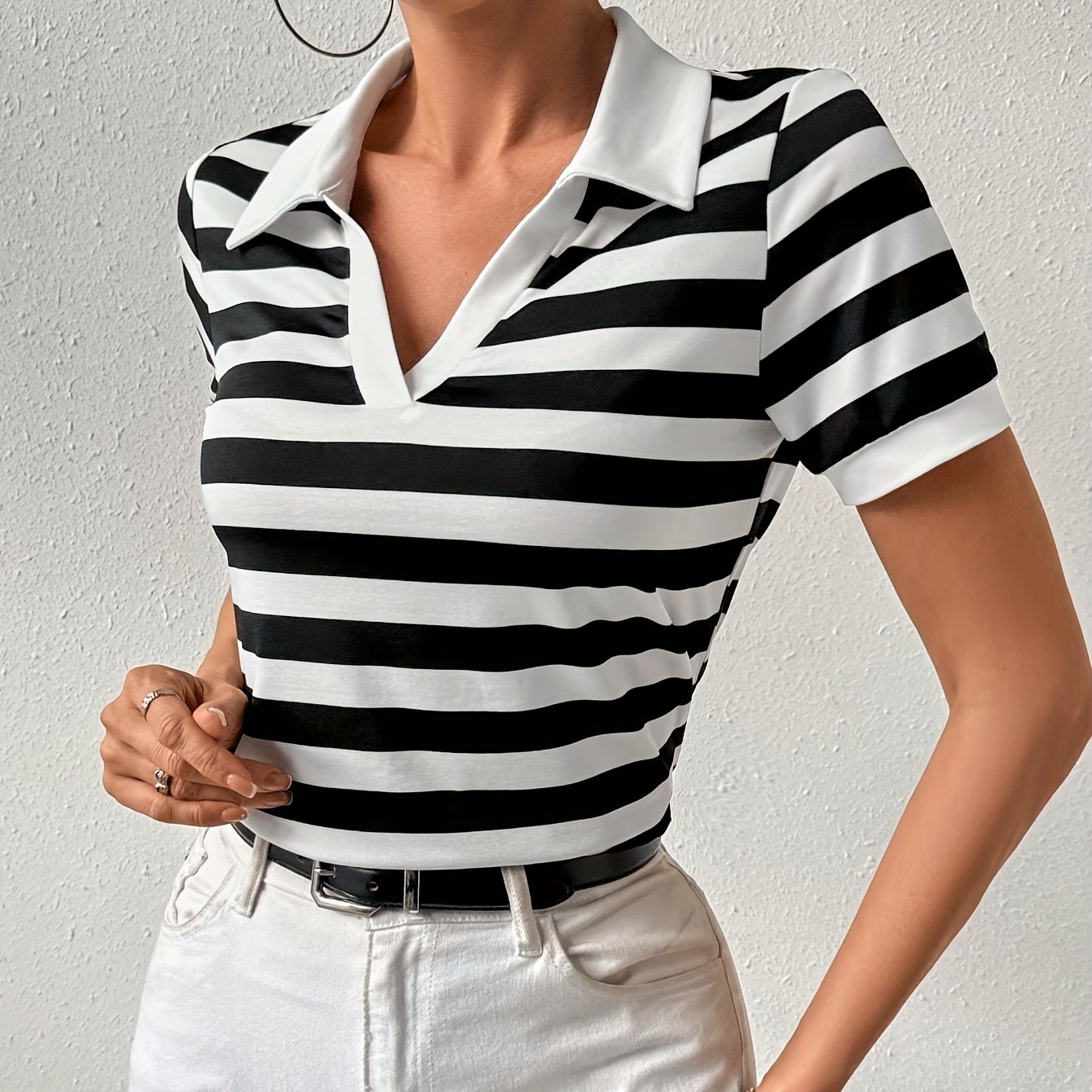 Striped Print Collared Slim T-shirt, Casual Short Sleeve T-shirt For Spring & Summer, Women's Clothing
Striped Print Collared Slim T-shirt, Casual Short Sleeve T-shirt For Spring & Summer, Women's Clothing