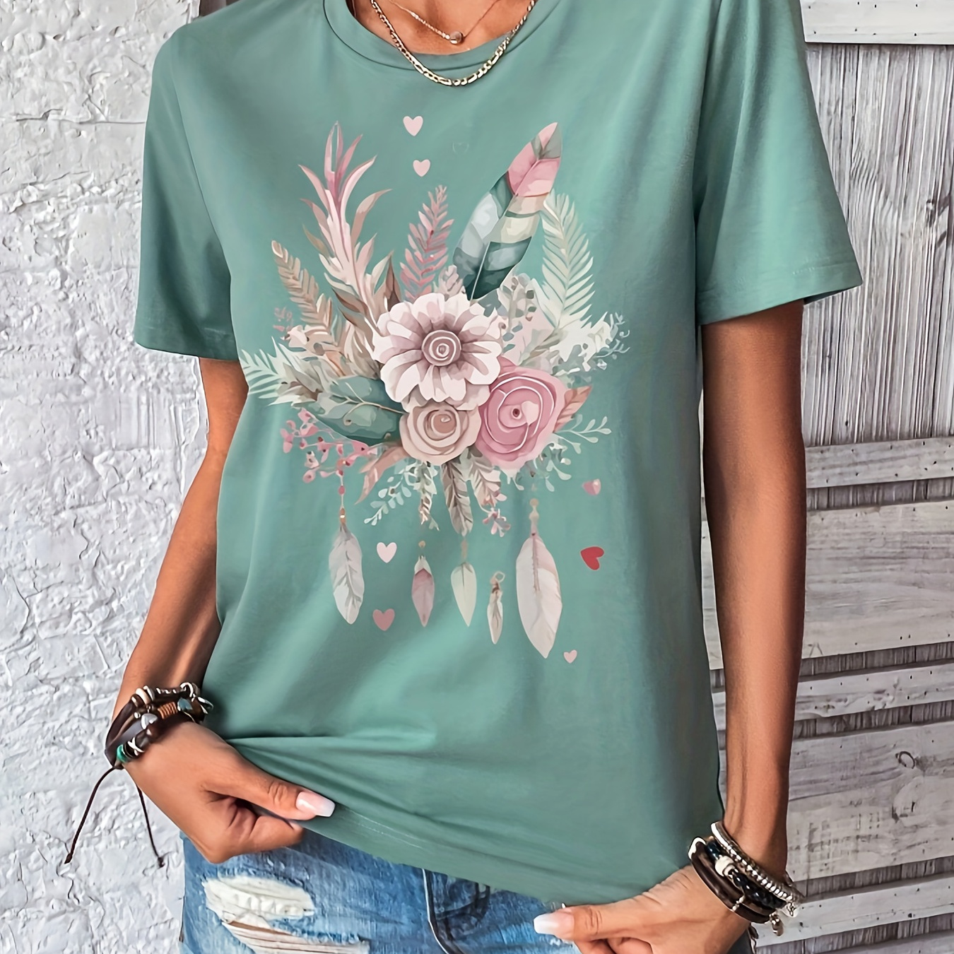 Floral Print Crew Neck T-shirt, Casual Short Sleeve T-shirt For Spring & Summer, Women's Clothing
Floral Print Crew Neck T-shirt, Casual Short Sleeve T-shirt For Spring & Summer, Women's Clothing