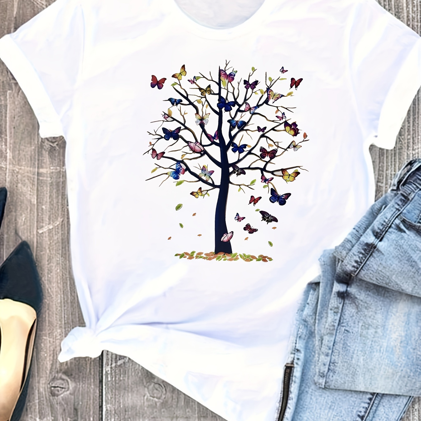 Butterfly Tree Print T-shirt, Short Sleeve Crew Neck Casual Top For Summer & Spring, Women's Clothing
Butterfly Tree Print T-shirt, Short Sleeve Crew Neck Casual Top For Summer & Spring, Women's Clothing