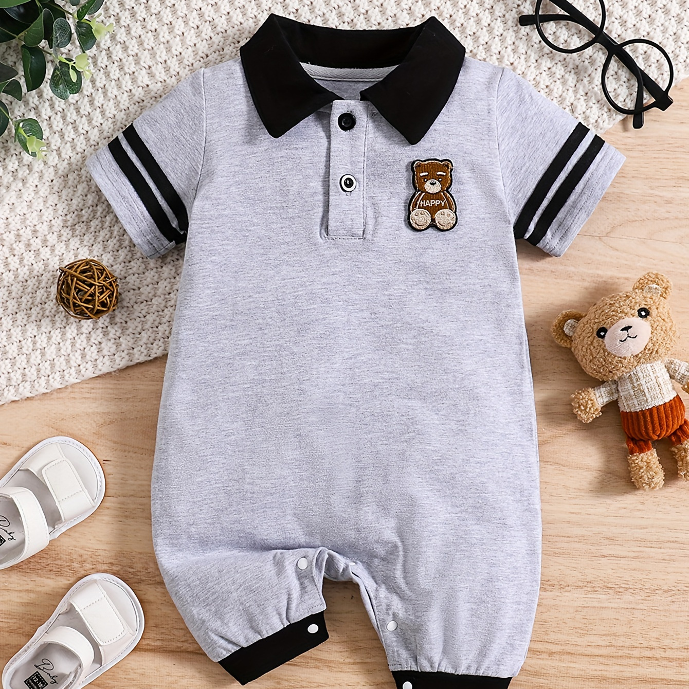 Baby Boys Bear Embroidery Cute Lapel Romper, Short Sleeve Cotton Comfortable Soft Casual Bodysuit For Summer
Baby Boys Bear Embroidery Cute Lapel Romper, Short Sleeve Cotton Comfortable Soft Casual Bodysuit For Summer