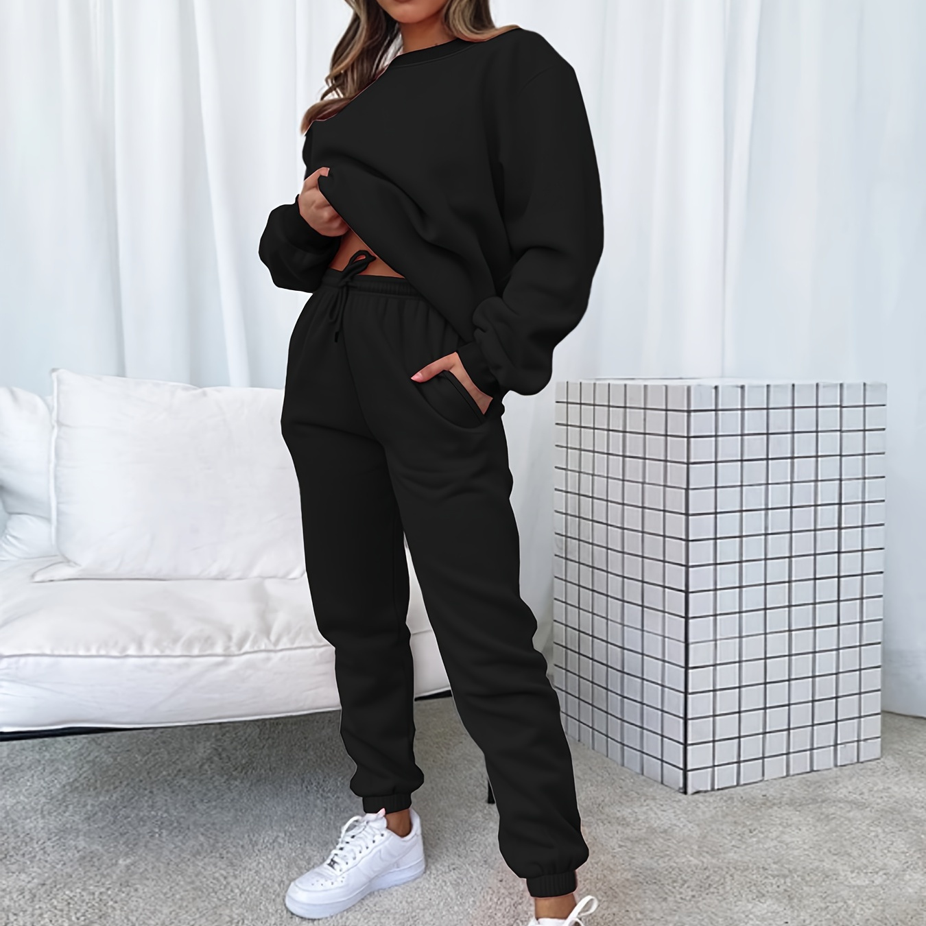 

Solid Casual Two-piece Set, Long Sleeve Crew Neck Sweatshirt & Drawstring Waist Jogger Pants Outfits, Women's Clothing