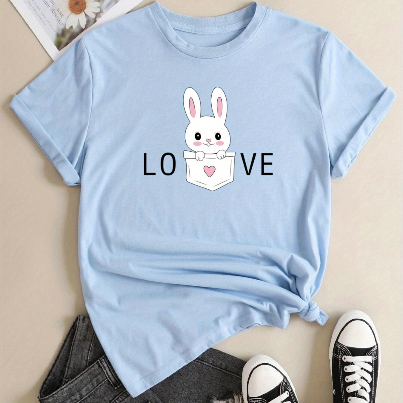 Rabbit Print Crew Neck T-shirt, Casual Short Sleeve T-shirt For Spring & Summer, Women's Clothing
Rabbit Print Crew Neck T-shirt, Casual Short Sleeve T-shirt For Spring & Summer, Women's Clothing