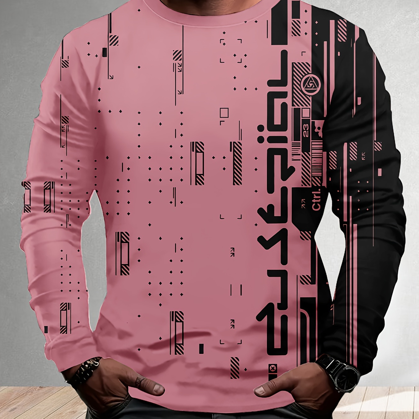 Men's Long Sleeve T-shirt Color With Technological Pattern Print, Casual Creative Stretch Crew Neck Pullover For Fall And Spring
Men's Long Sleeve T-shirt Color With Technological Pattern Print, Casual Creative Stretch Crew Neck Pullover For Fall And Spring